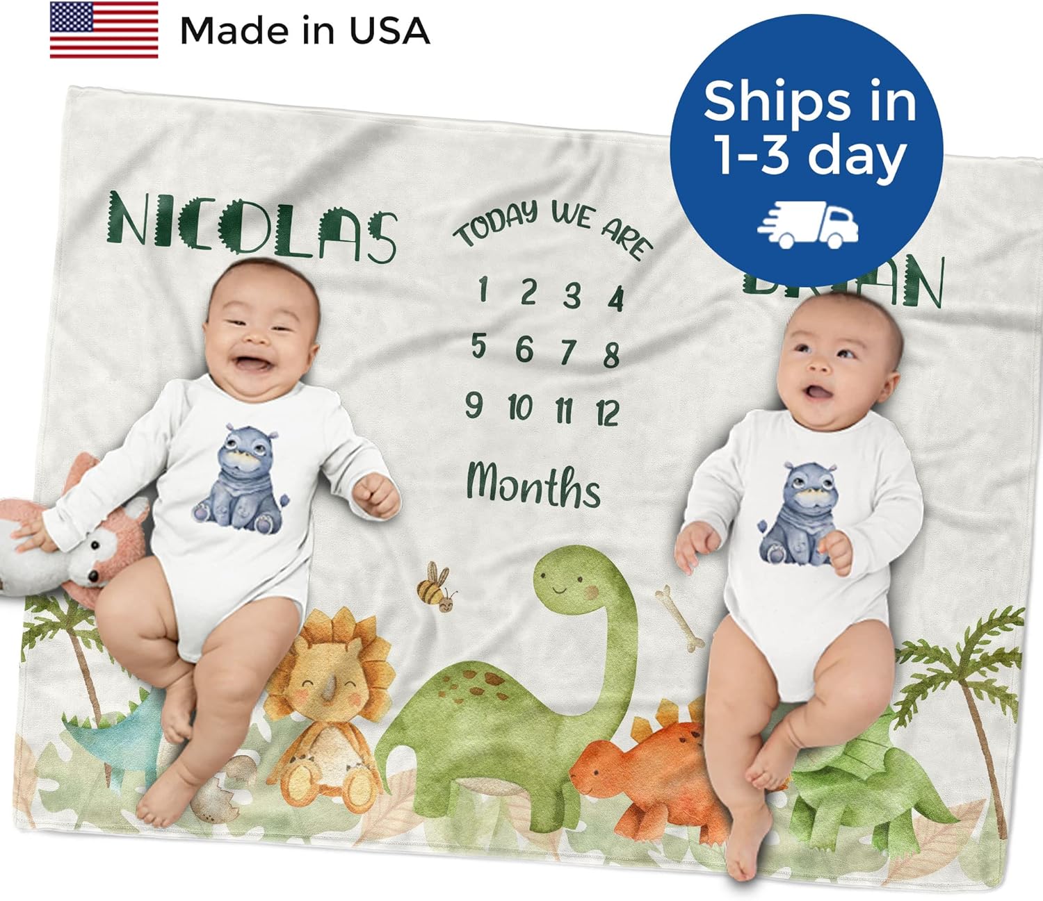 MDPrints Personalized Twin Milestone Blanket, Custom Monthly Baby Blankets with Name for Boys and Girls, 30x40 & 50x60inch Soft Plush Fleece (Dinosaur)