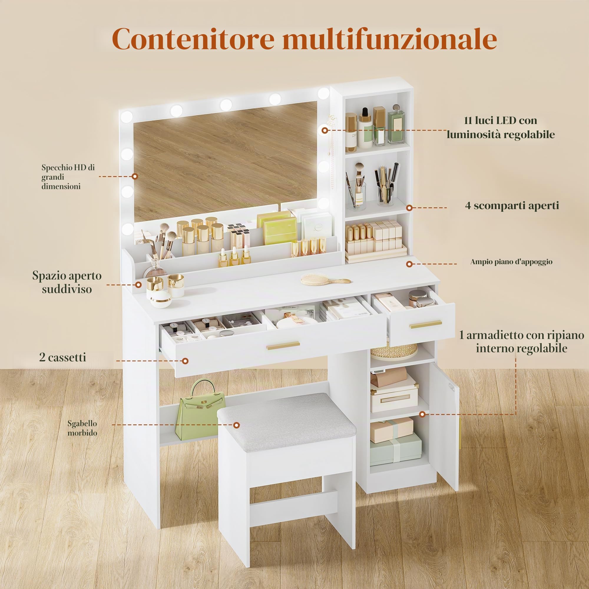 HEXCELEN Toeletta con Sgabello, 40 x 108 x 141 cm, Bianco