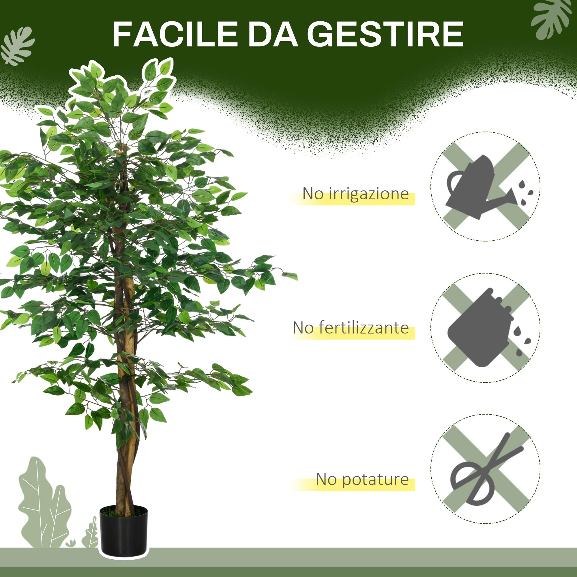 HOMCOM Pianta Finta di Ficus 150 cm con 882 Foglie, Pianta Artificiale da Esterno e Interno, Vaso Incluso, Verde