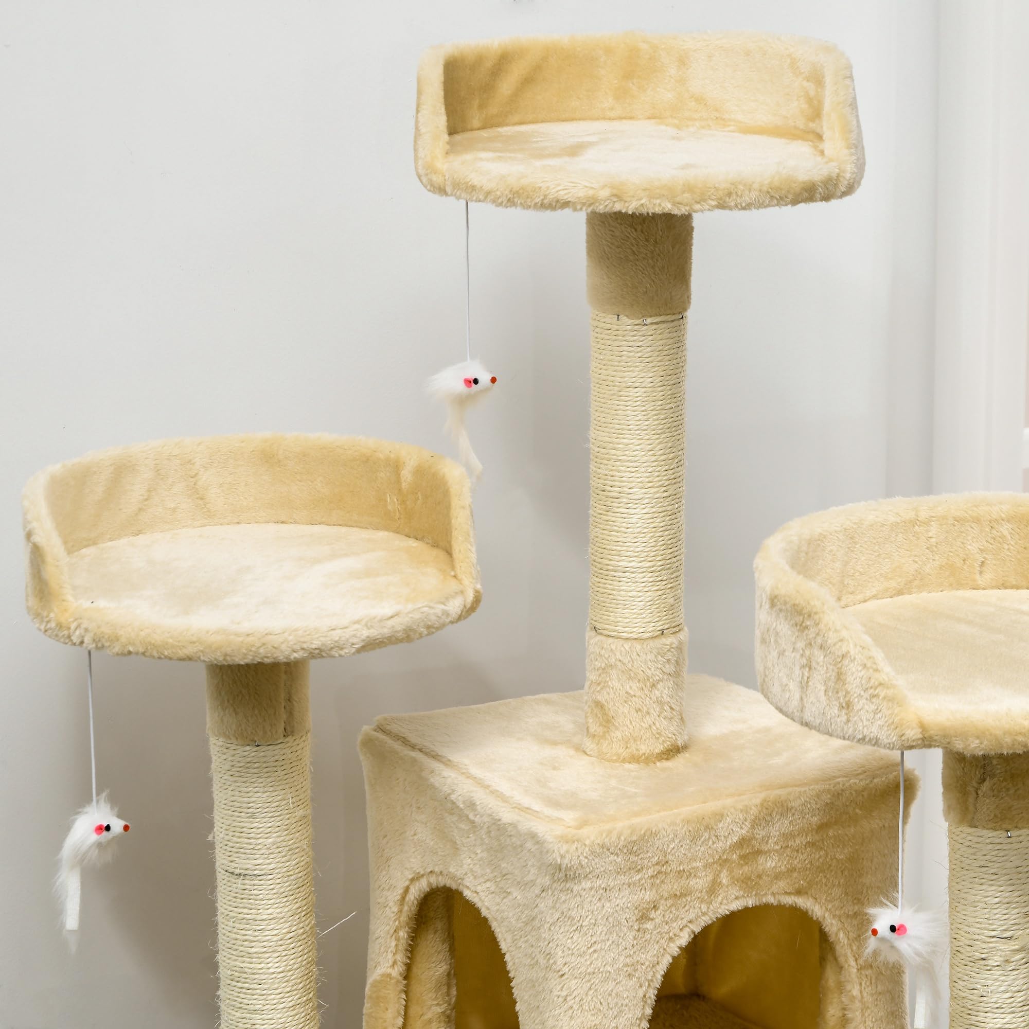PawHut Rascador Árbol para Gatos Grande 60x49x180 cm con Poste de Arañar Múltiples Plataformas Escaleras Cuevas Juguetes Centro de Actividades Beige