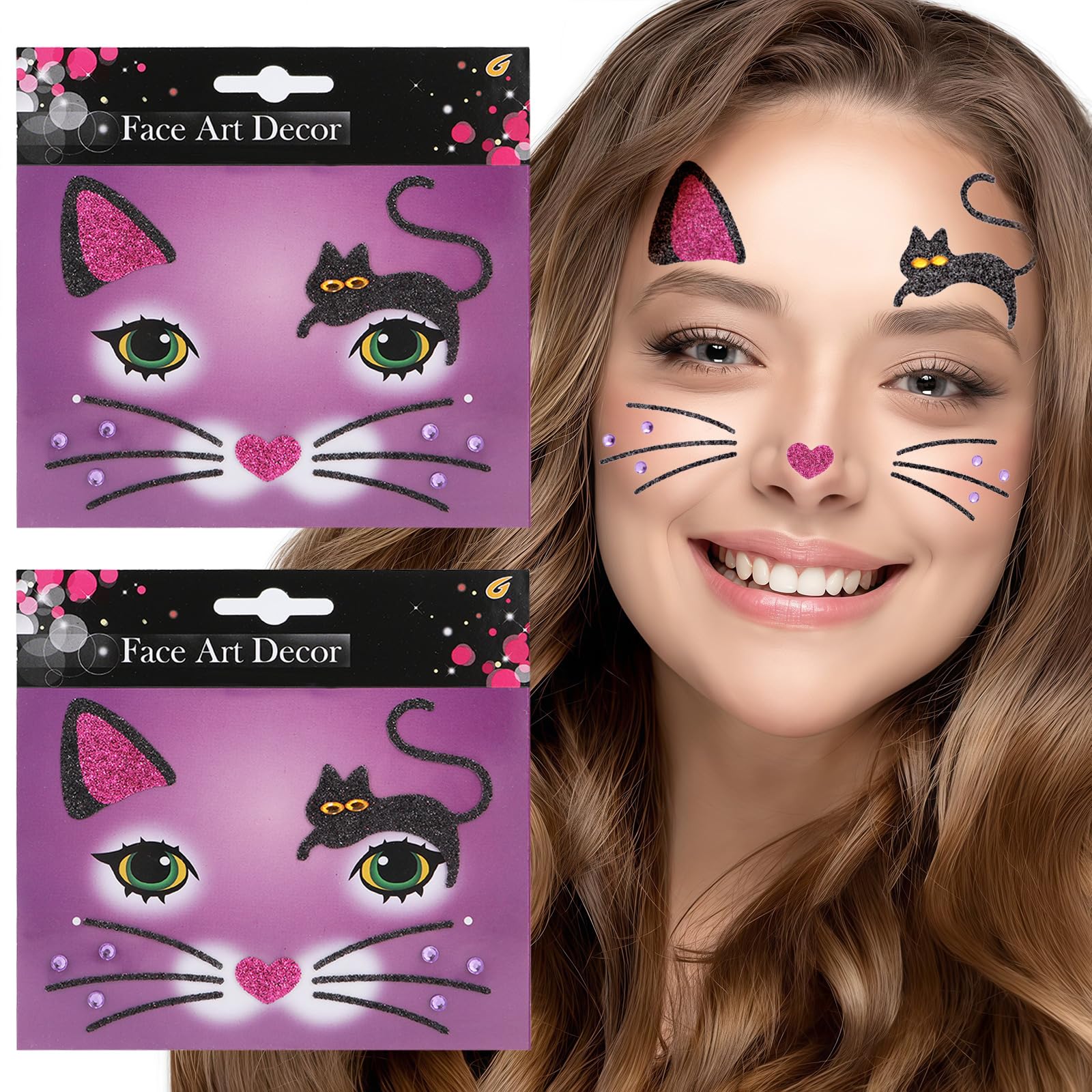 2 Stück Face Art Aticker, Halloween Tattoo Gesicht Karneval, Temporäre Gesichtstattoo, Glitzer Gesicht Aufkleber, Temporäres Tattoo für Halloween, Karneval, Fasching, Maskerade, Motto Partys (A)
