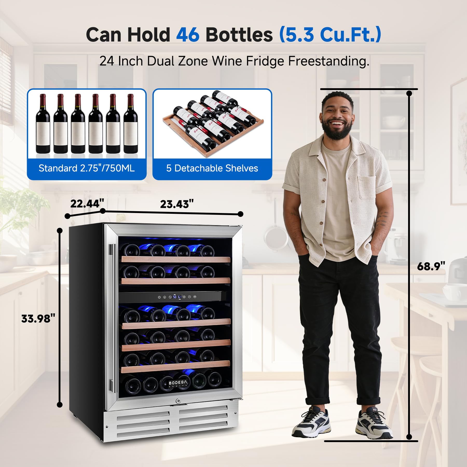 BODEGA 24 Inch Wine Fridge, 46 Bottle Wine Cooler Refrigerator, 41-72°F Wine Refrigerator Glass Door, Blue LED Wine Fridge, Built-In Or Freestanding Fridge For Home/Bar/Kitchen (5.3 Cu.Ft) on Fridge.com - View 2
