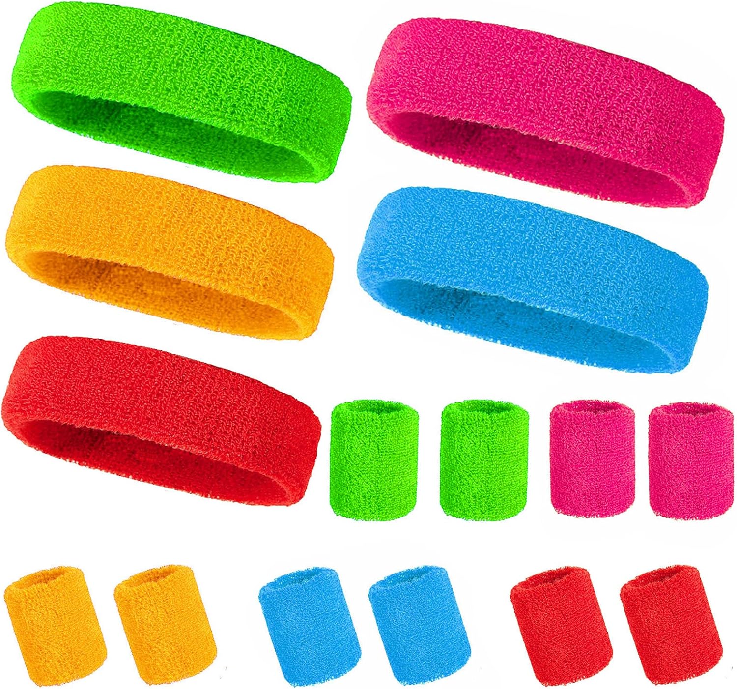 15 Pieces Sweat Bands Kit YOYIAG 80s Neon Sweatbands Set, Include 5 Sports Headbands and 10
