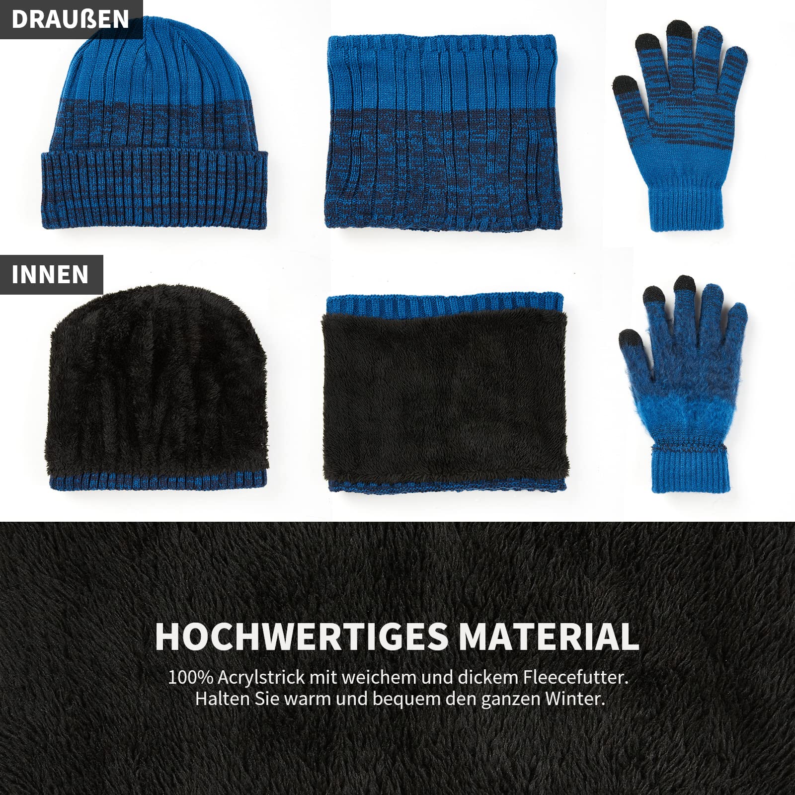 Zestaw Kapelusz Szalik Rękawice Mężczyzna Kobieta, Ciepły Polar Gruby Elastyczna Ultra Miękka Wewnętrzna Podszewka Czapki Ciepły Dzianina Szyi Ciepły Ekran Dotykowy Rękawice, niebieski, L