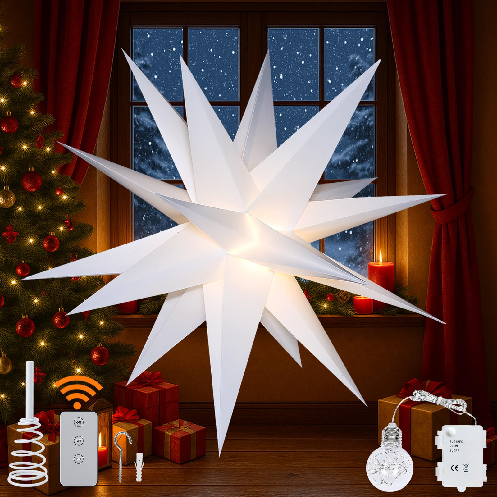 YPGFDZYDHH 18" Moravian Star Outdoor Light, Moravian Star Christmas Decorations Tree Topper Lighted Battery Operated, Remote Control Hanging Outdoor/Indoor Tree Star Light for Courtyard, Porch-White