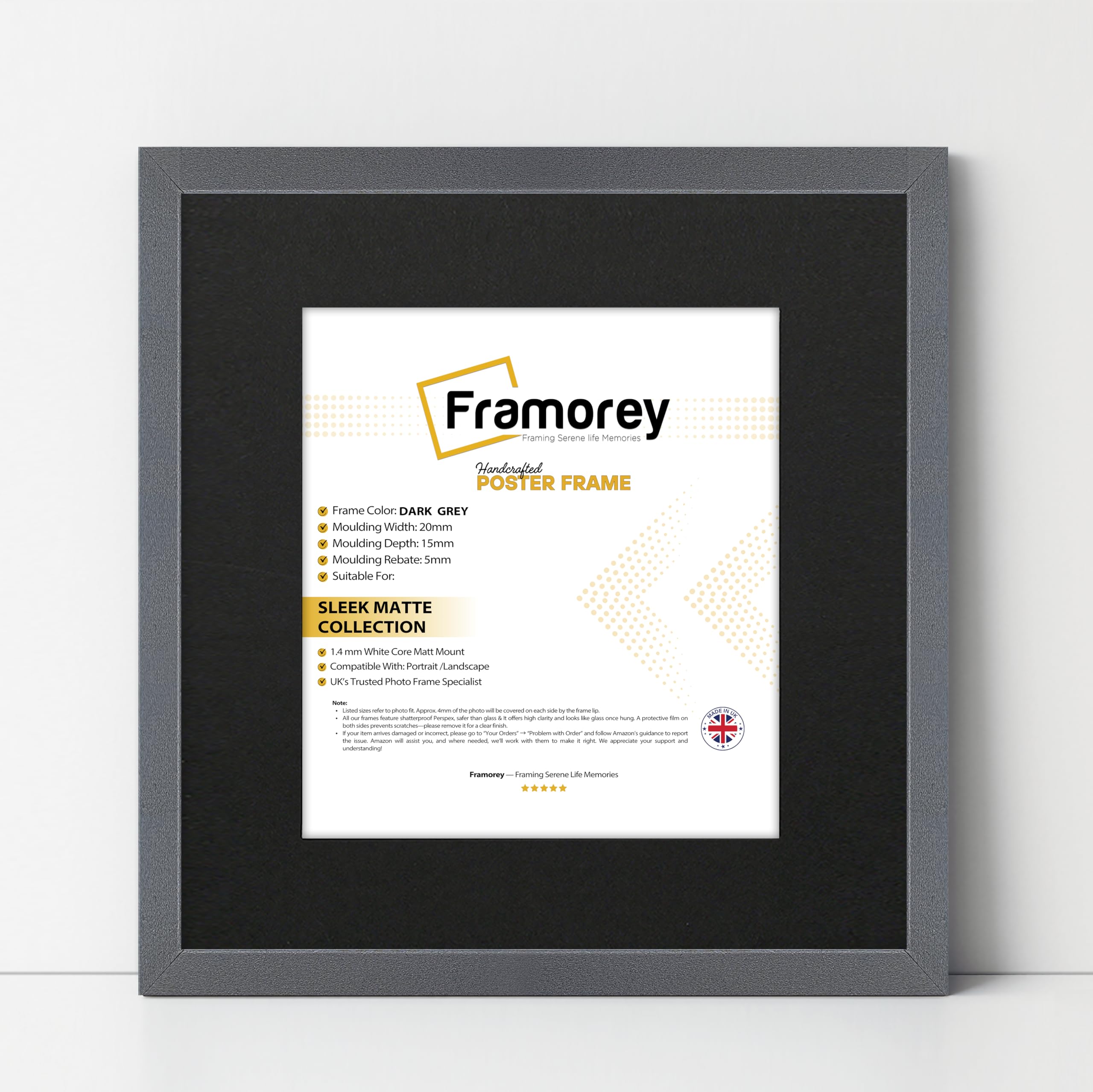 Framorey Framing Serene Life Memories Dark Grey With Black Framorey Square Size Thin Matt Photo, Handmade Flat Thin Picture Frame, 13X13" Size Dark Grey Picture Frame With 11X11" Size Black Mount, Photo Print Frames
