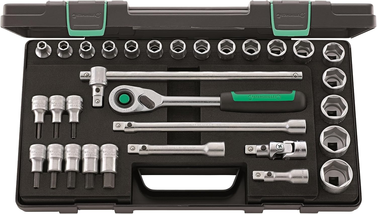 Stahlwille 96031240 31-Piece 1/2" Socket Set, Includes Ratchet, Extensions, T-Handle, Universal Joint, Stackable ABS Case, 5306g, Made in Germany