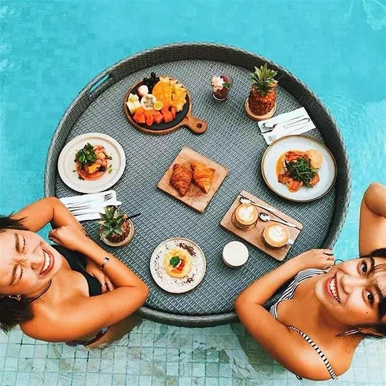 Mesa con bandeja flotante para Piscina | Bandeja de servicio tejida de ratán | Perfecto para bancos de Arena, spas, baños y Fiestas | Bandeja flotante para adultos