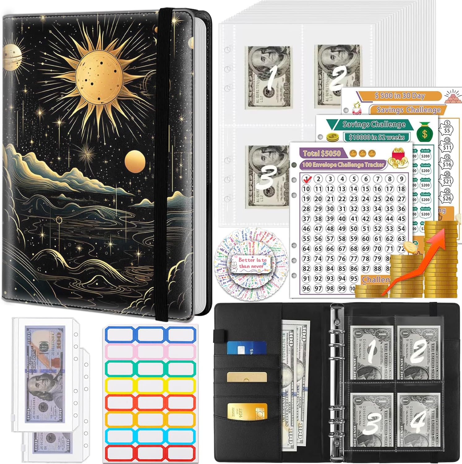 Money Saving Binder, 100 Envelopes Money Saving Challenge, Cash Envelopes Budget Binder & 3 Budgeting Planner Trackers, PU Leathers A5 Money Saving Planner Book，African Girls Inspirational Quotes