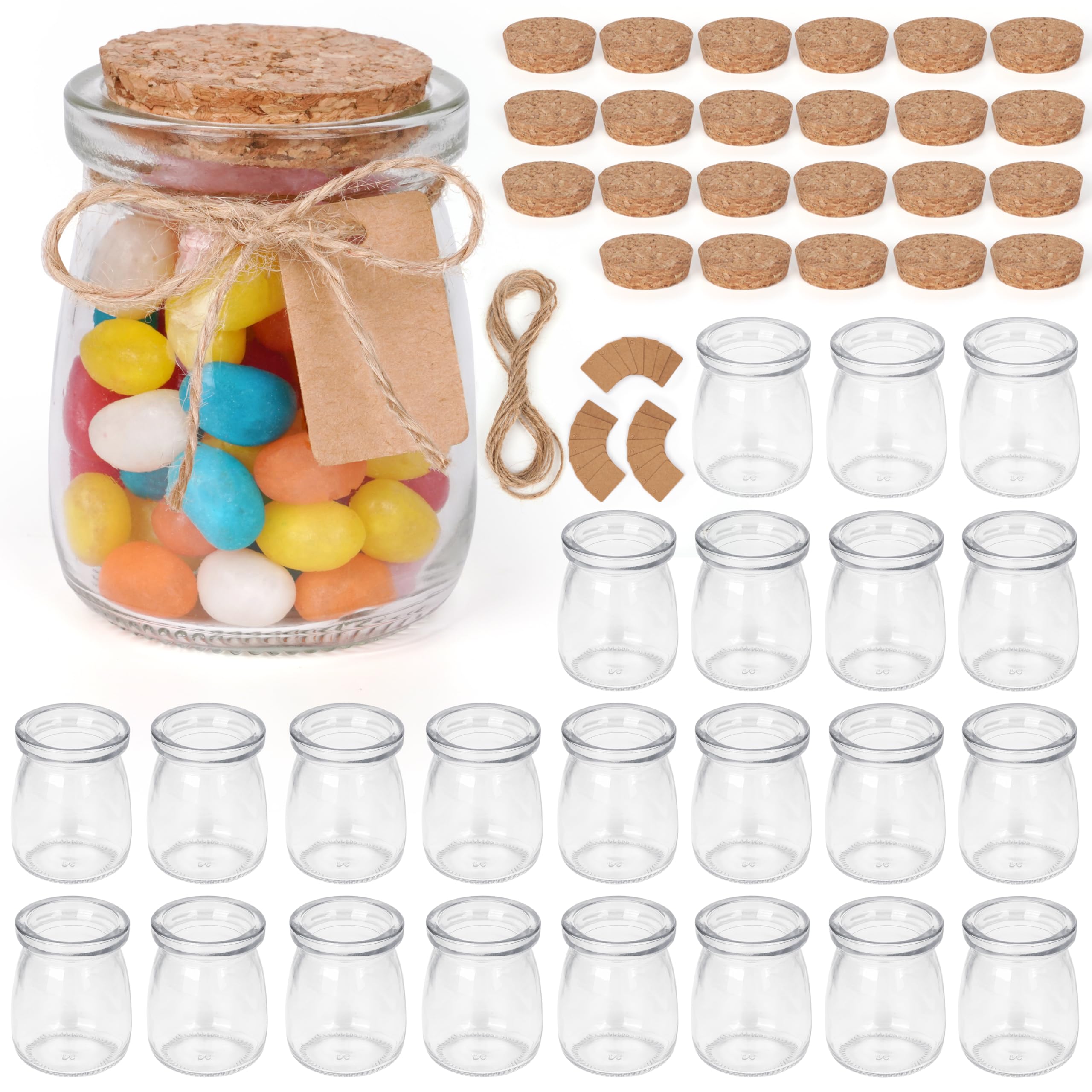 Winter Shore Botes Cristal Pequeños de 100 ml con Tapa de Corcho [Pack de 24] - Botellas Cristal Pequeñas Aptas para Alimentos con Cordel y Etiquetas para Dulces, Yogur, Miel - Para Invitados Boda