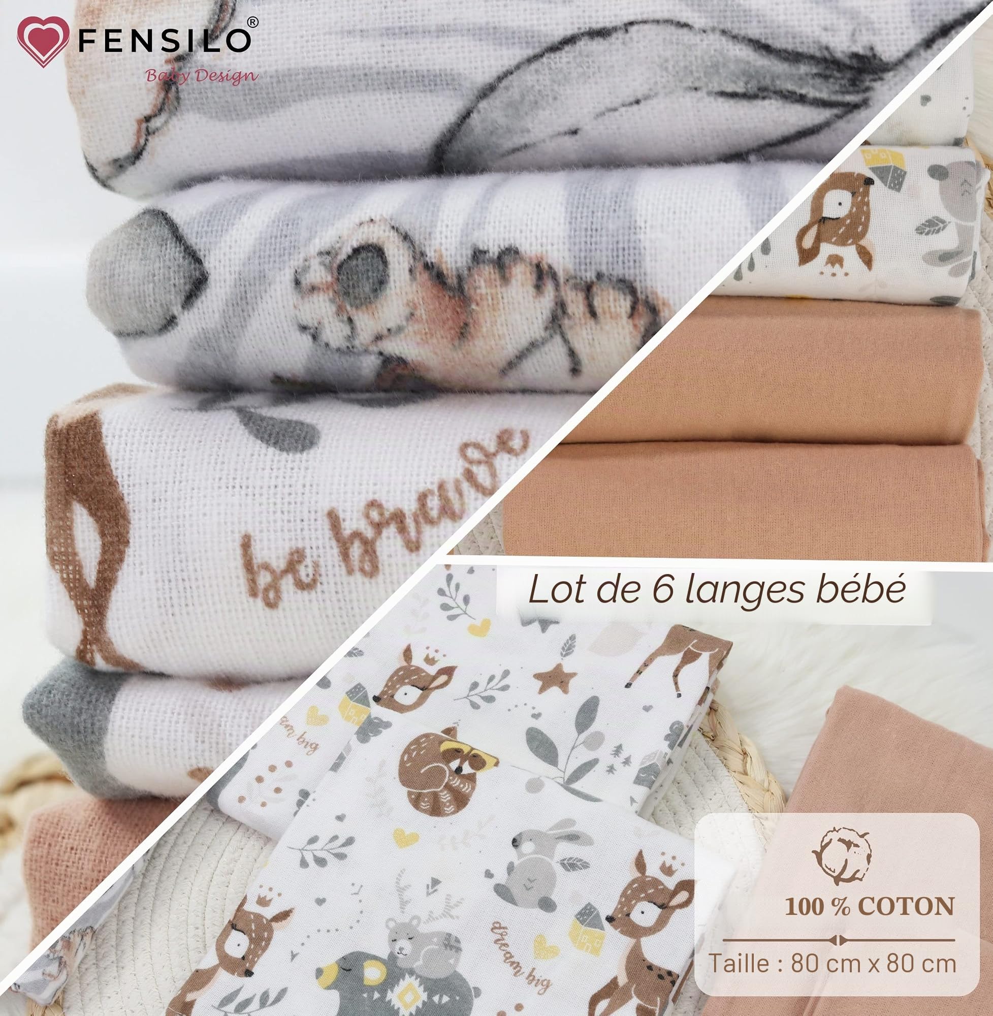 FENSILO Torchons en Flanelle Molleton - Paquet de 6 Couches 100% Coton, 80x80 cm, Motif Animal CERF pour Bébé Unisexe
