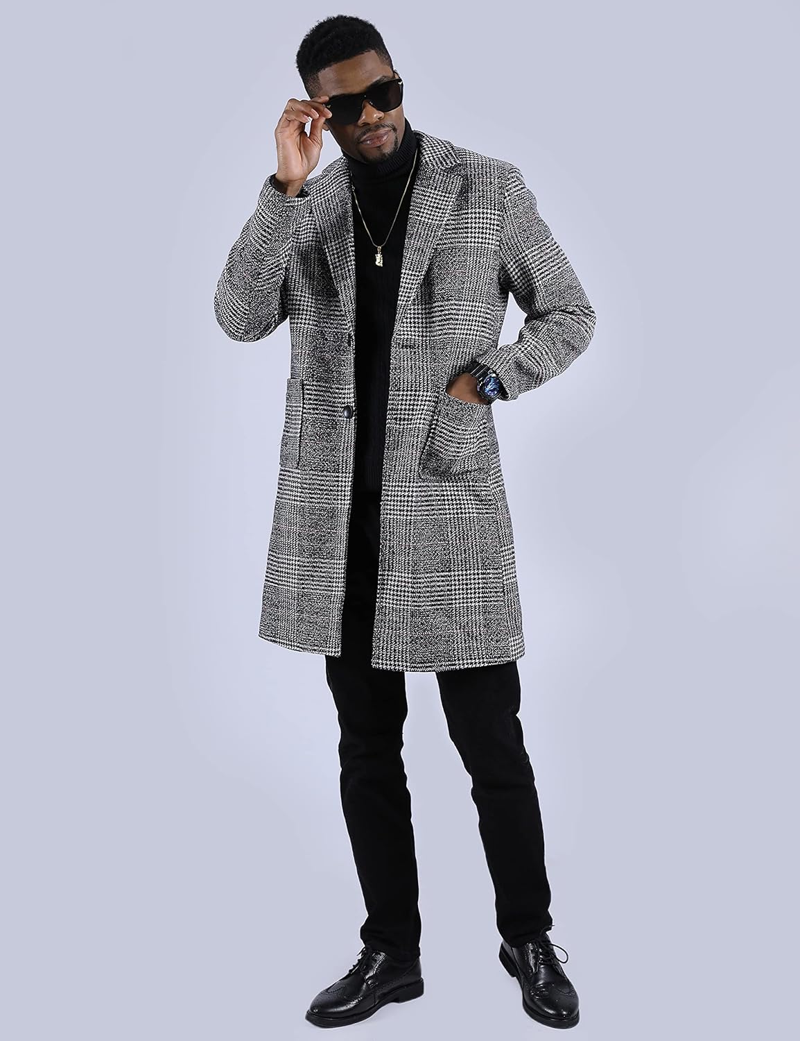 UANEO Mens Winter Trench Coat Notched Collar Single Breasted Plaid Mid Long Peacoat Overcoats with Pockets - Image 4