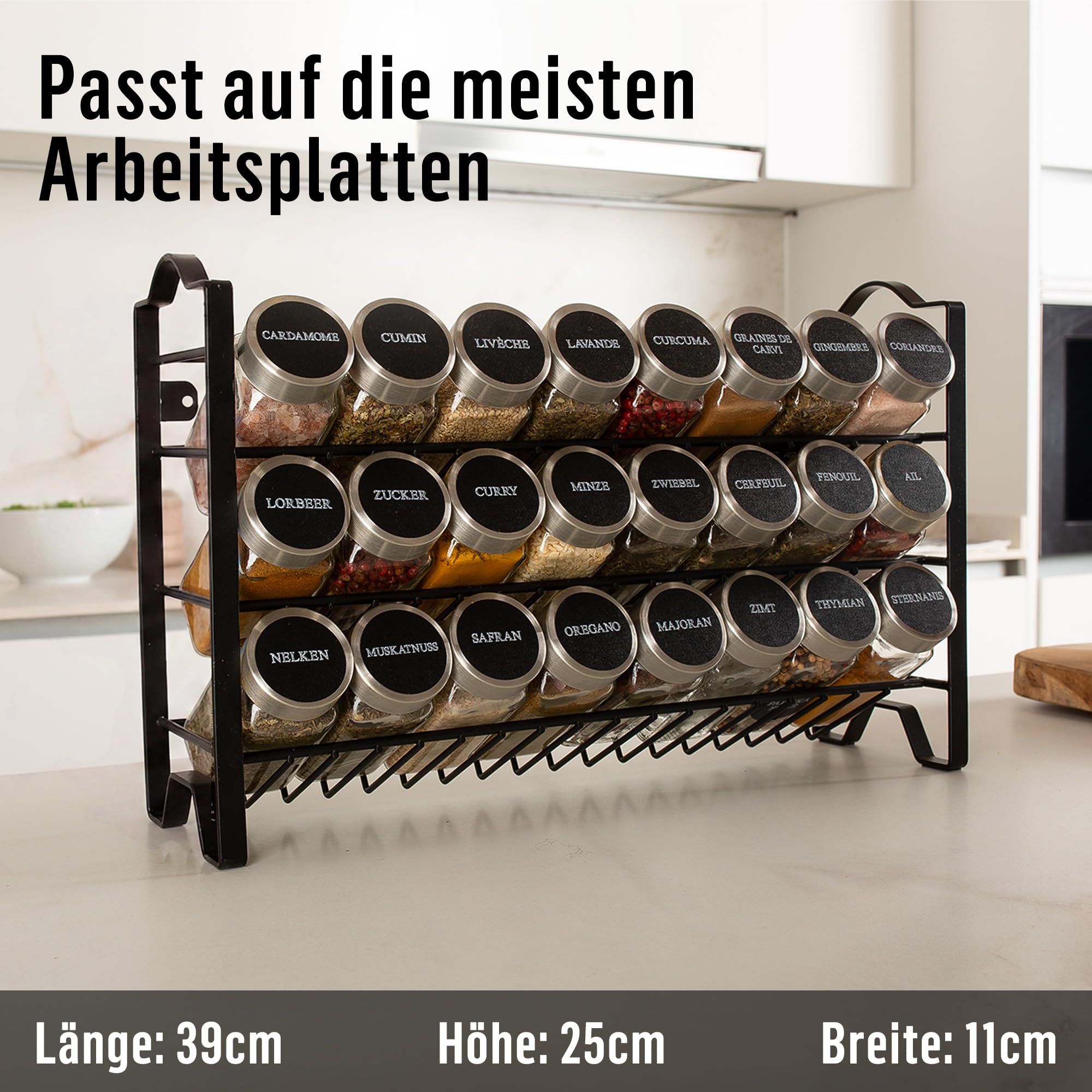 Deco haus® Gewürzregal Stehend & Wand [MIT GEWÜRZDOSEN & ETIKETTEN] - Spices Gewürz Organizer - Spice Rack - Gewürzständer - Gewürzregalsystem Hängend - Gewürzaufbewahrung - Gewürzgläser mit Regal