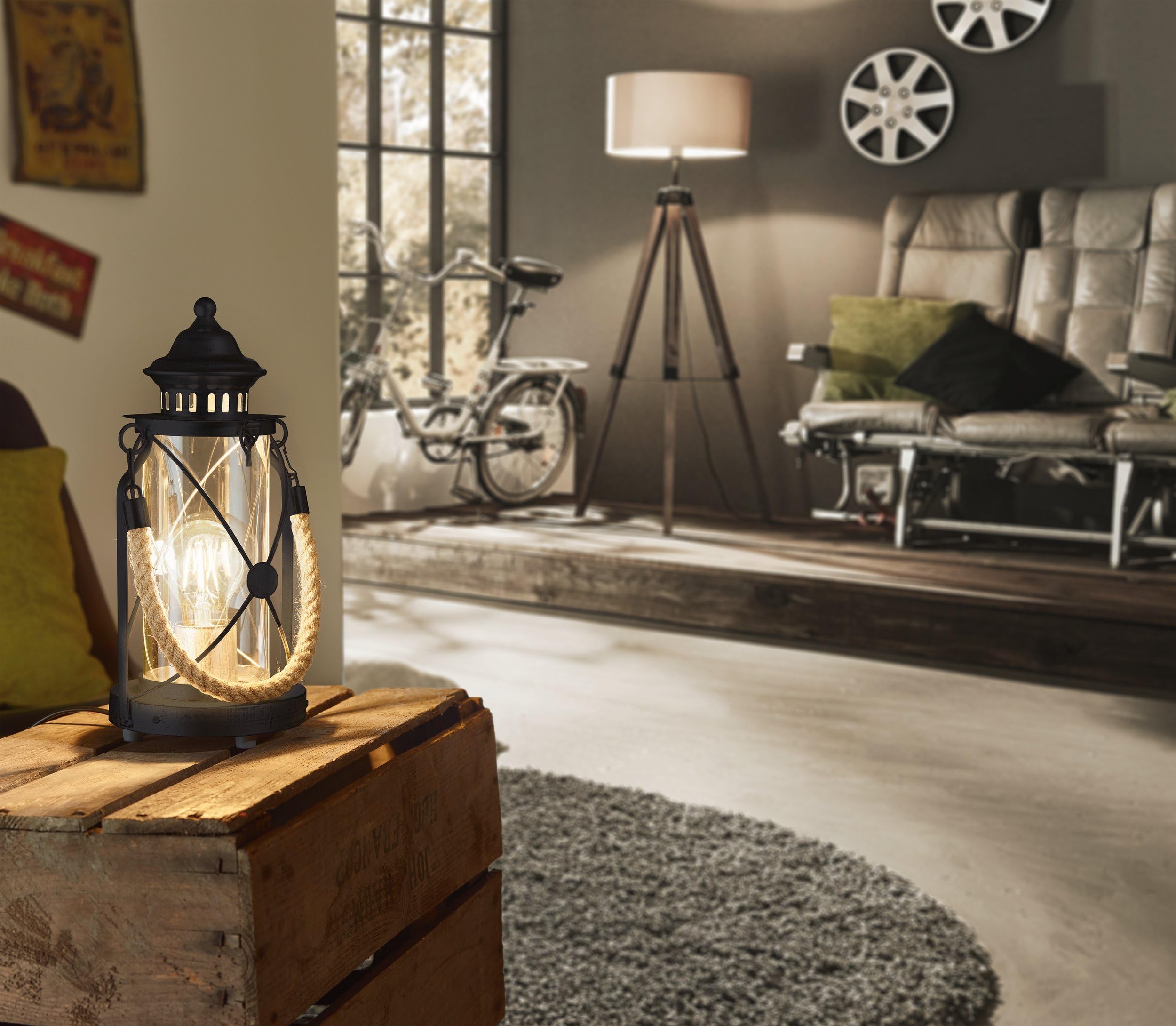 Eglo lampada da tavolo Bradford, lampada da tavolo vintage a uno punto | luce, lanterna, lampada da comodino in acciaio, nero, trasparente, presa E27, interruttore incl