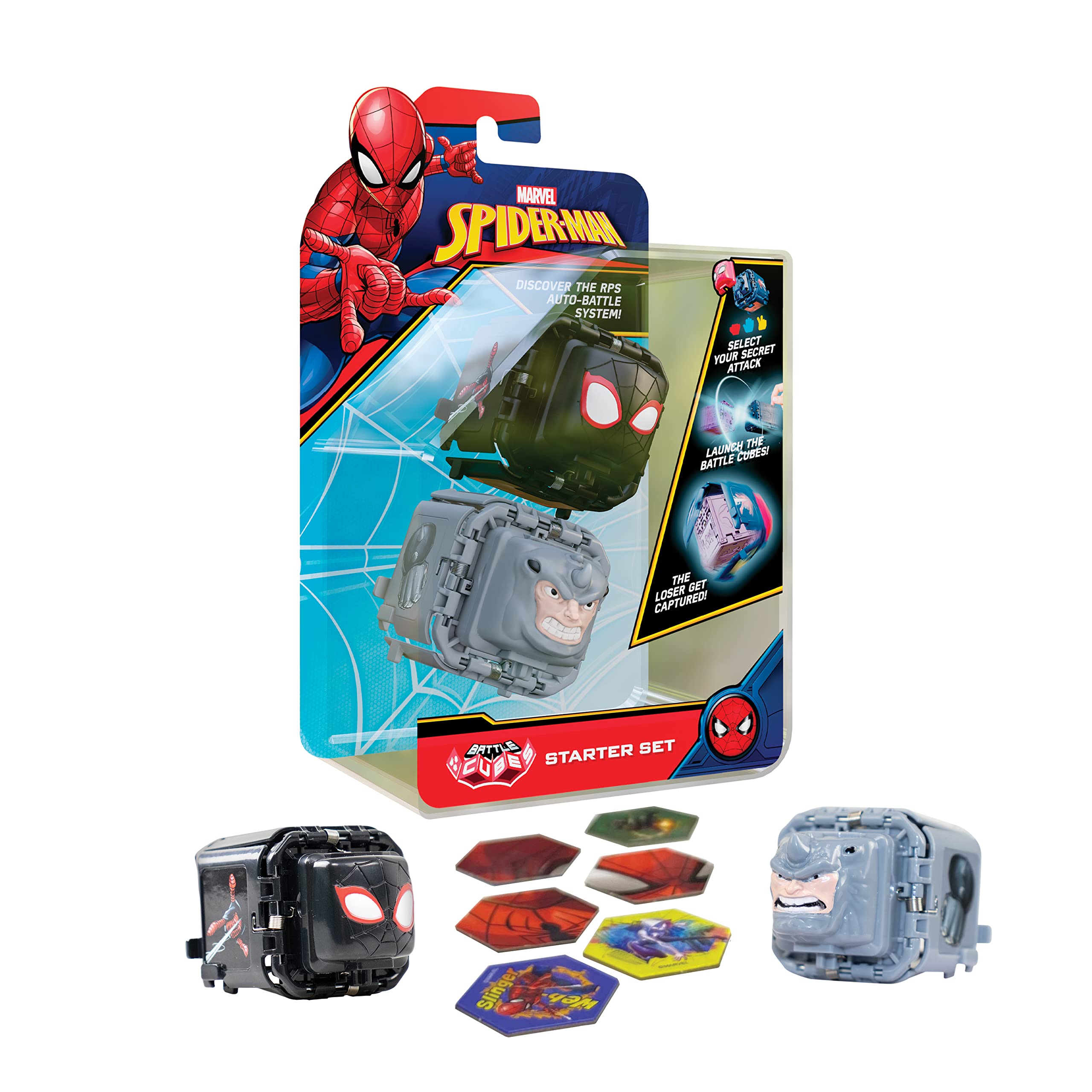 Battle Cubes 2 Pack Spiderman - Rhino and Miles Morales, rock paper, scissors game