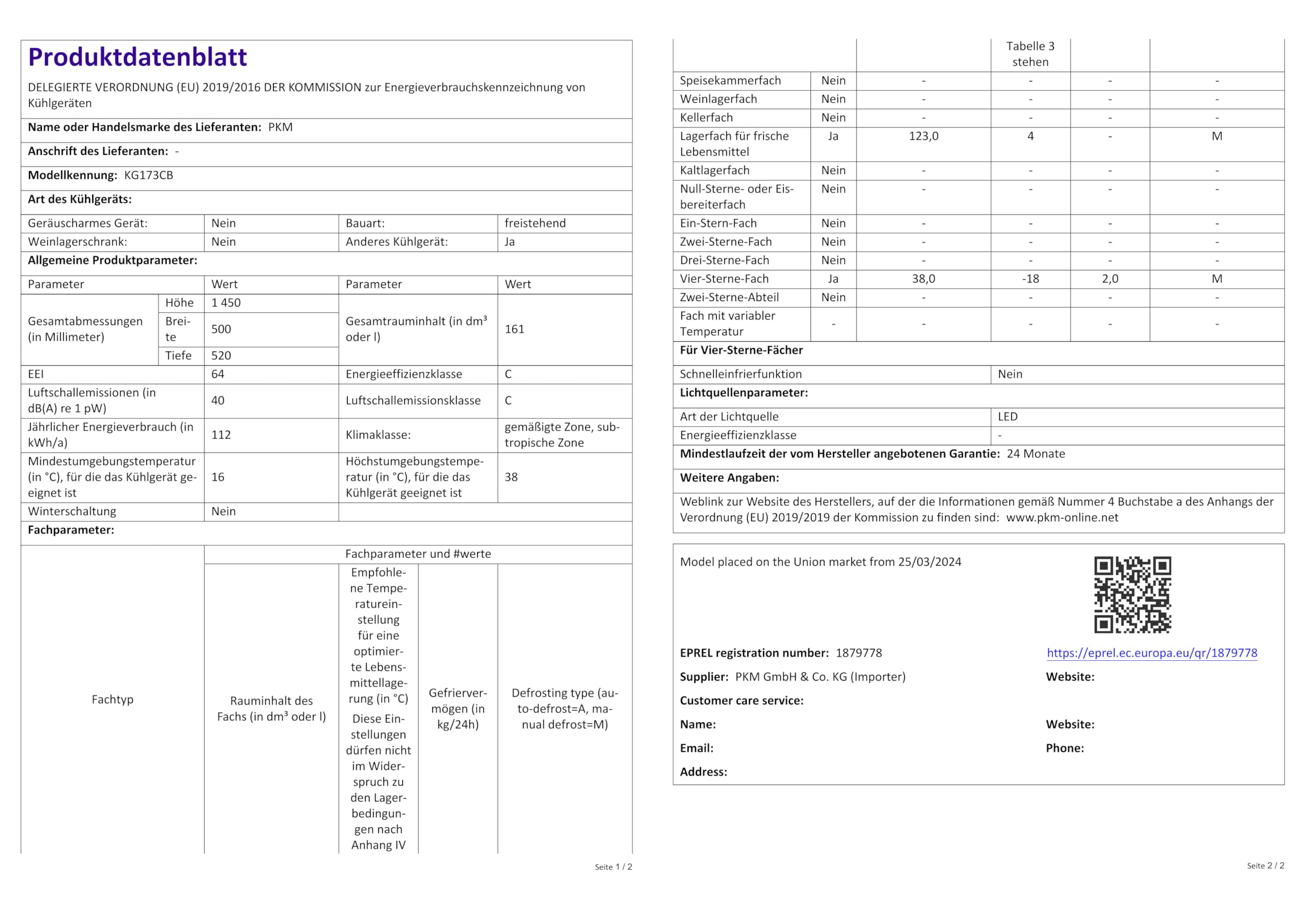 PKM KG173CB Kühl- Gefrierkombination | 161 Liter Nutzinhalt | Wechselbarer Türanschlag | Höhenverstellbare Füße | LED Beleuchtung | 40 dB | Schwarz | 50 cm Breite