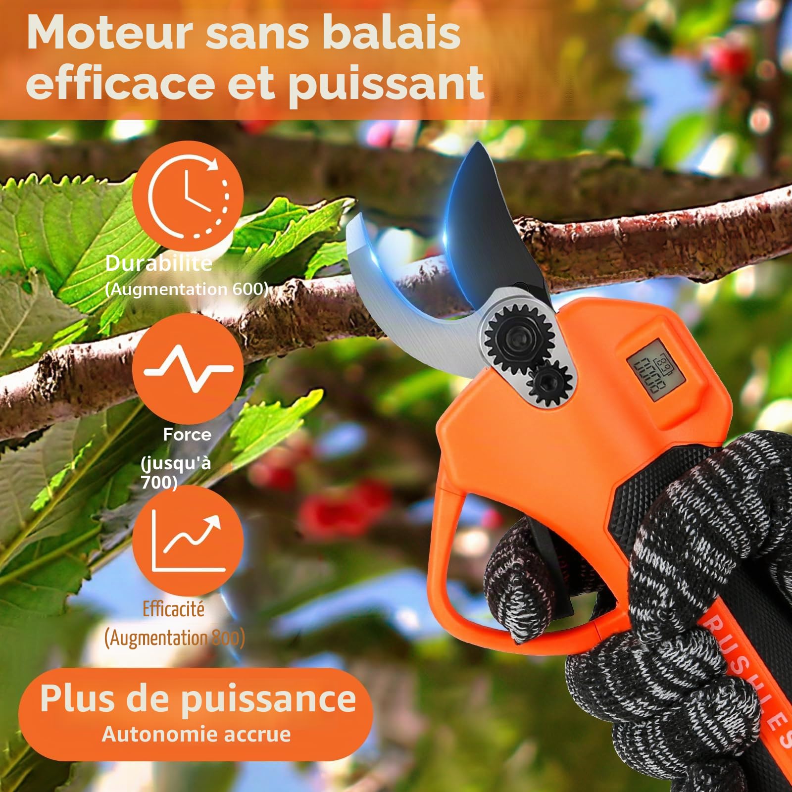 Sécateur électrique sans fil avec affichage LCD, Sécateur de jardin électrique portable avec 2 batteries de 2000mAh et lames SK5 max 40 mm, Sécateurs électriques professionnels pour l'élagage des