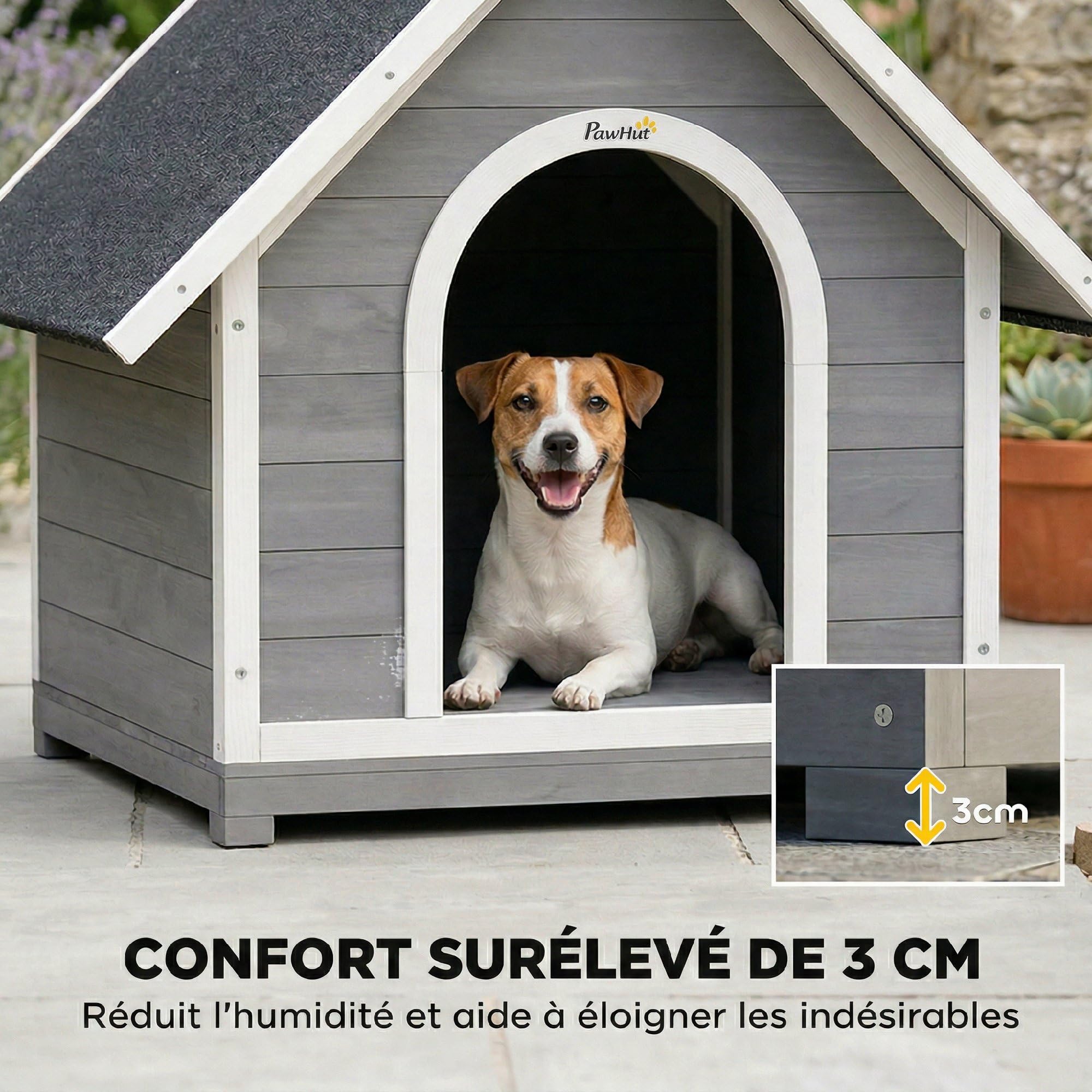PawHut Niche pour Chien Extérieur en Bois Ouvrant 84x101x86 cm Gris/Blanc | Nettoyage Facile, Toit Bitumé Étanche, Villa Scandinave Surélevée