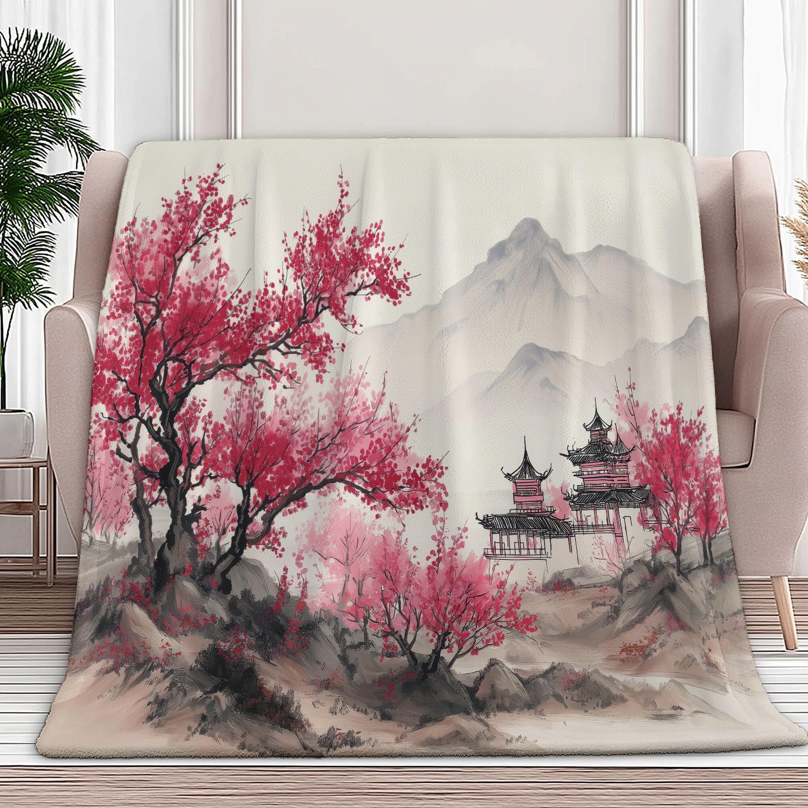 Przytulny koc 150 x 200 cm, chińska architektura, pagoda, kwiat śliwki, flanelowy, przytulny koc, na 4 pory roku, na sofę, kremowy