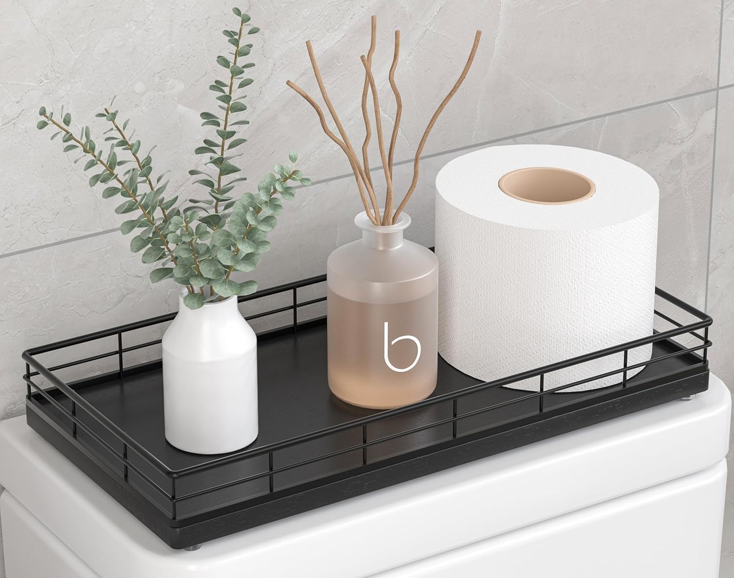 Toilet Paper Basket Organizer – Oak Wood Toilet Tank Tray with Metal Frame, Back of Tank or Top Bathroom Counter Storage – Black Modern Decor