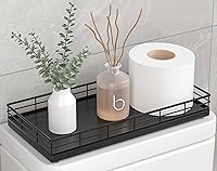 Focusonit Oak Wood Toilet Tank Tray Organizer with Black Metal Frame - Slim 13x6.5x2" Basket for Toilet Paper, Essentials on Counter or Tank
