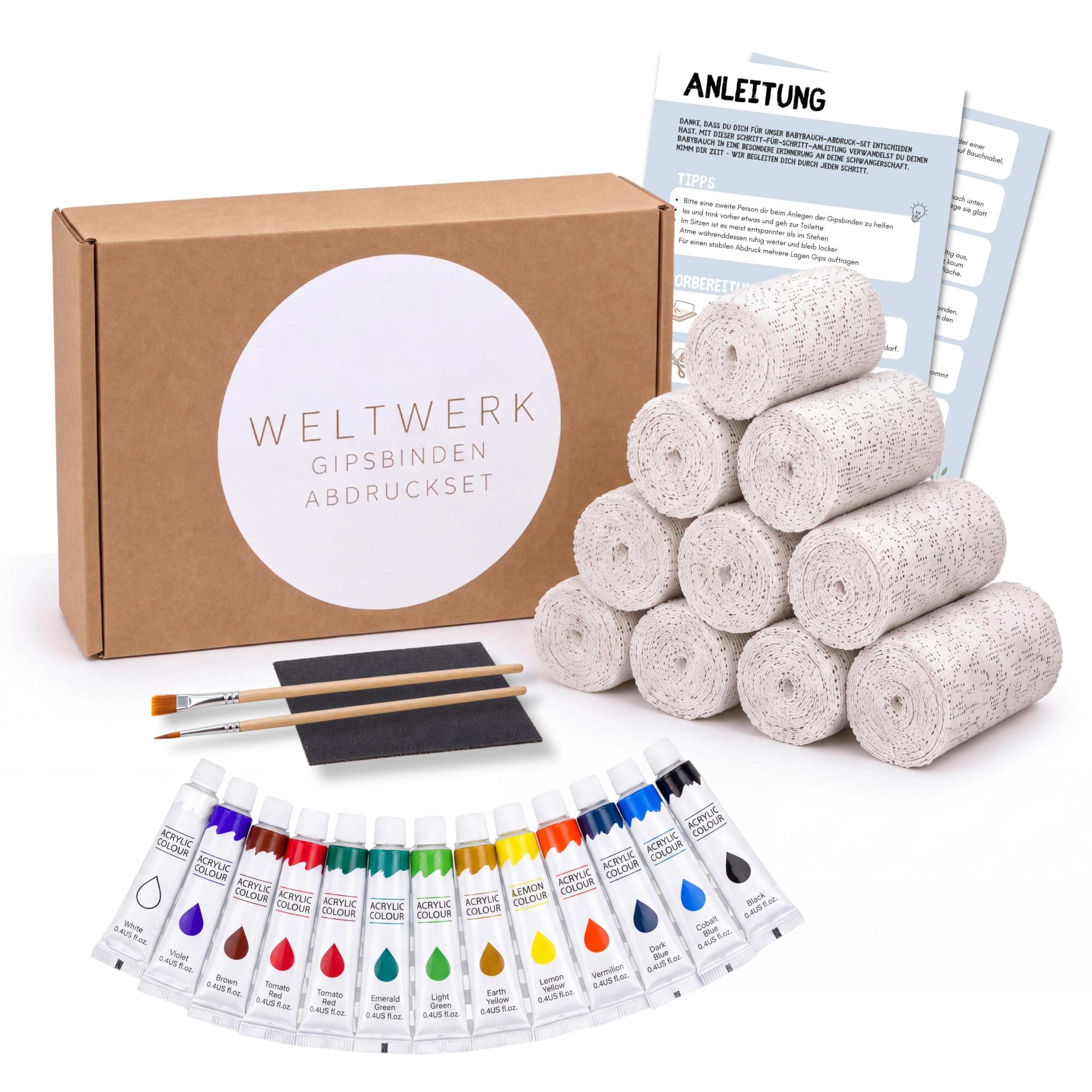 WELTWERK Babybauch Gipsabdruck Set, Gipsbinden zum Basteln, inkl. 12 Farben | Komplettset für DIY, Bauchabdruck in der Schwangerschaft, mit Pinsel & Schleifpapier, Erinnerung & Geschenk