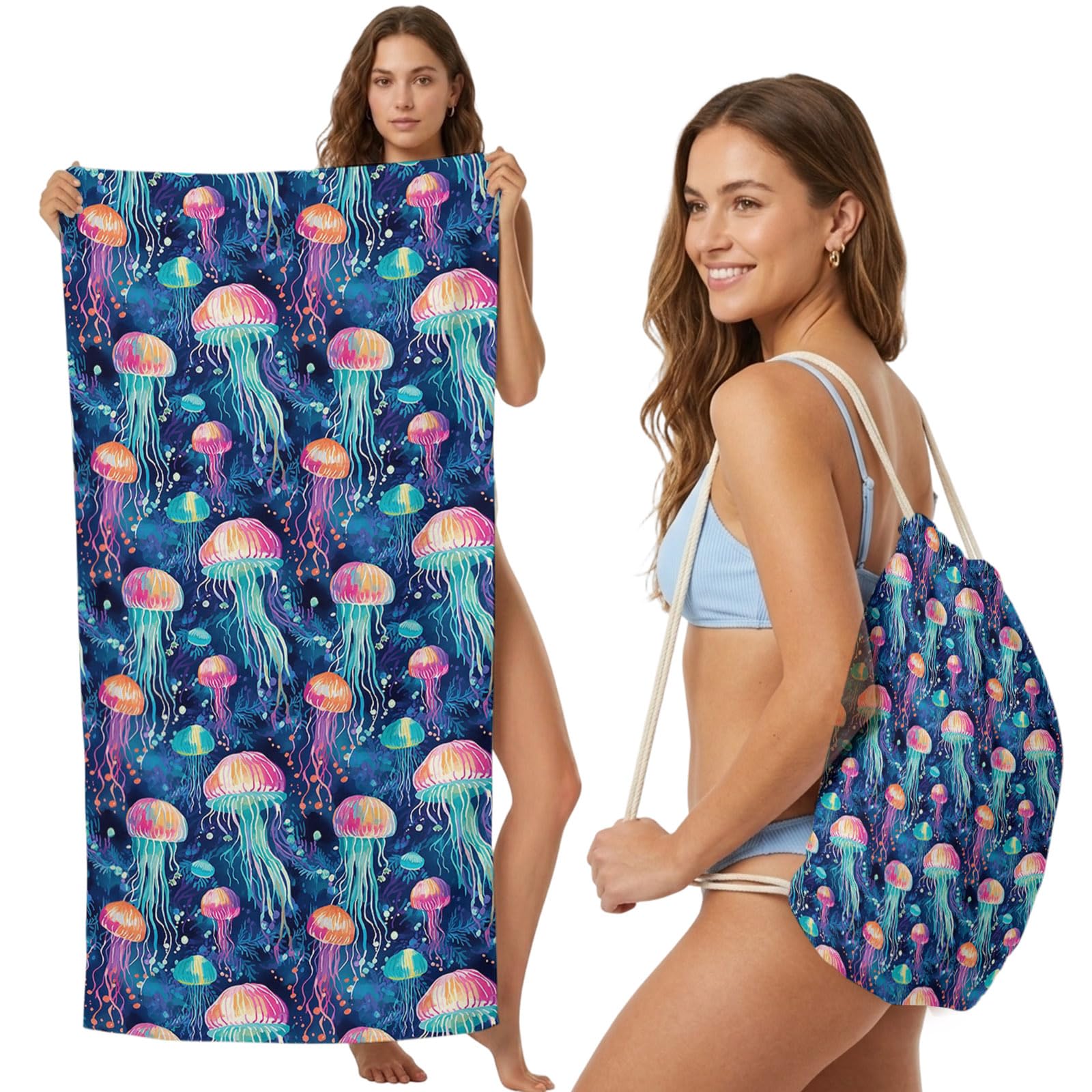 FWJZDSP Beach Towel Backpack Convertible Jellyfish Sand Free Quick Dry Towel Bag Sea Animal Beach Towel with Adjustable Straps for Travel Swimming Pool Beach Accessories 31.5x63in