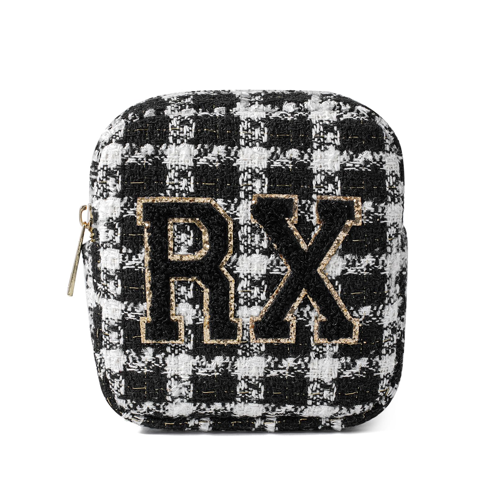 RSRSLEII Pequeña bolsa de medicina para viajes, bolsa personalizada de chenilla RX a cuadros para mujeres y niñas, bonitas bolsas de maquillaje para medicamentos con cremallera, 03Negro Cuadros