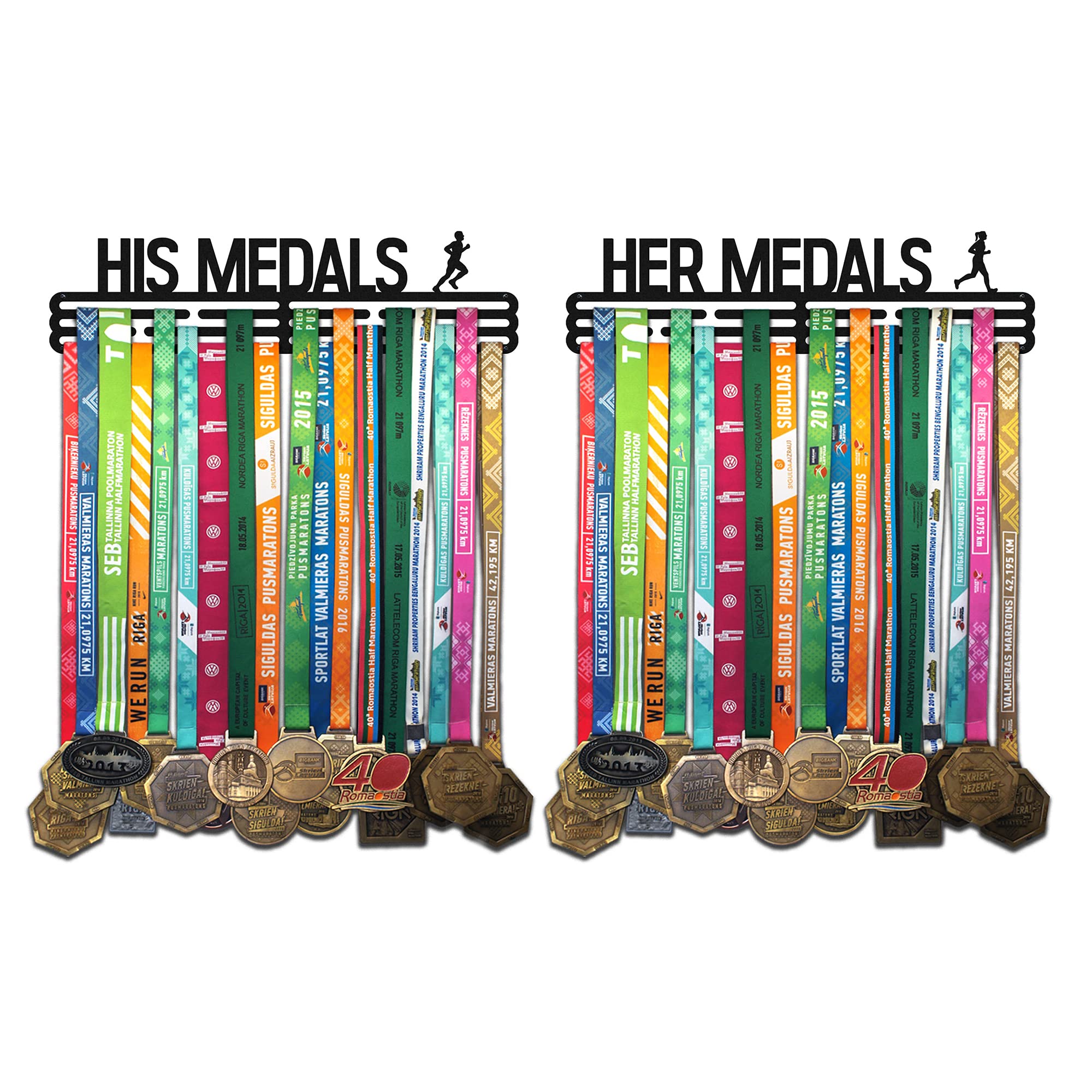 HIS & HER Medals Medaillenhalter Running Laufen Sport für 96 Medaillen Aufbewahrung - Läufer, Sportler Geschenk Marathon Zubehör - Medal Holder Hanger Display Rack - Schwarz