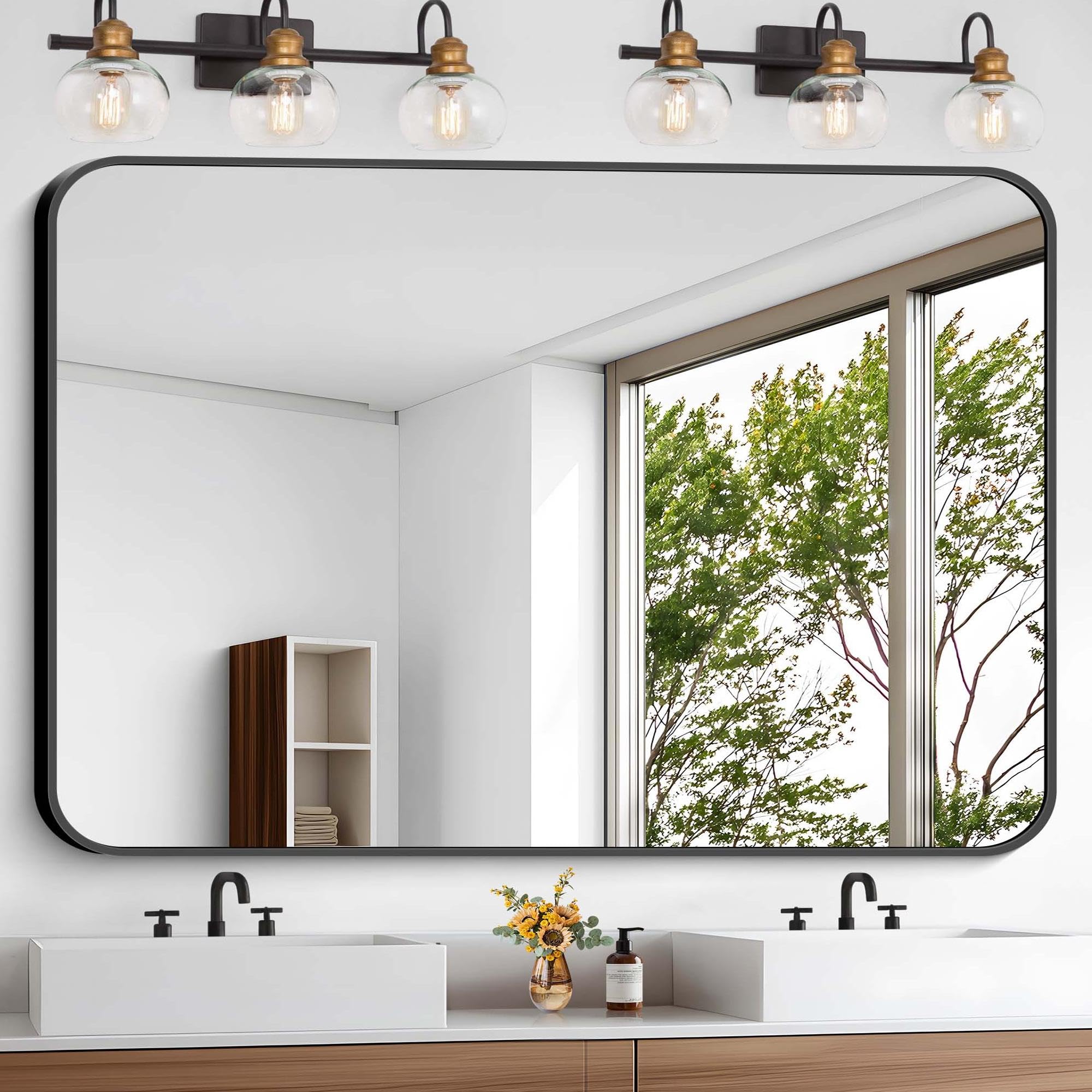 Bathroom Mirror 48x36 inch Black Rectangle Wall Mirror Metal Frame Rounded Corner Vanity Mirror Large Wall Mounted Mirror
