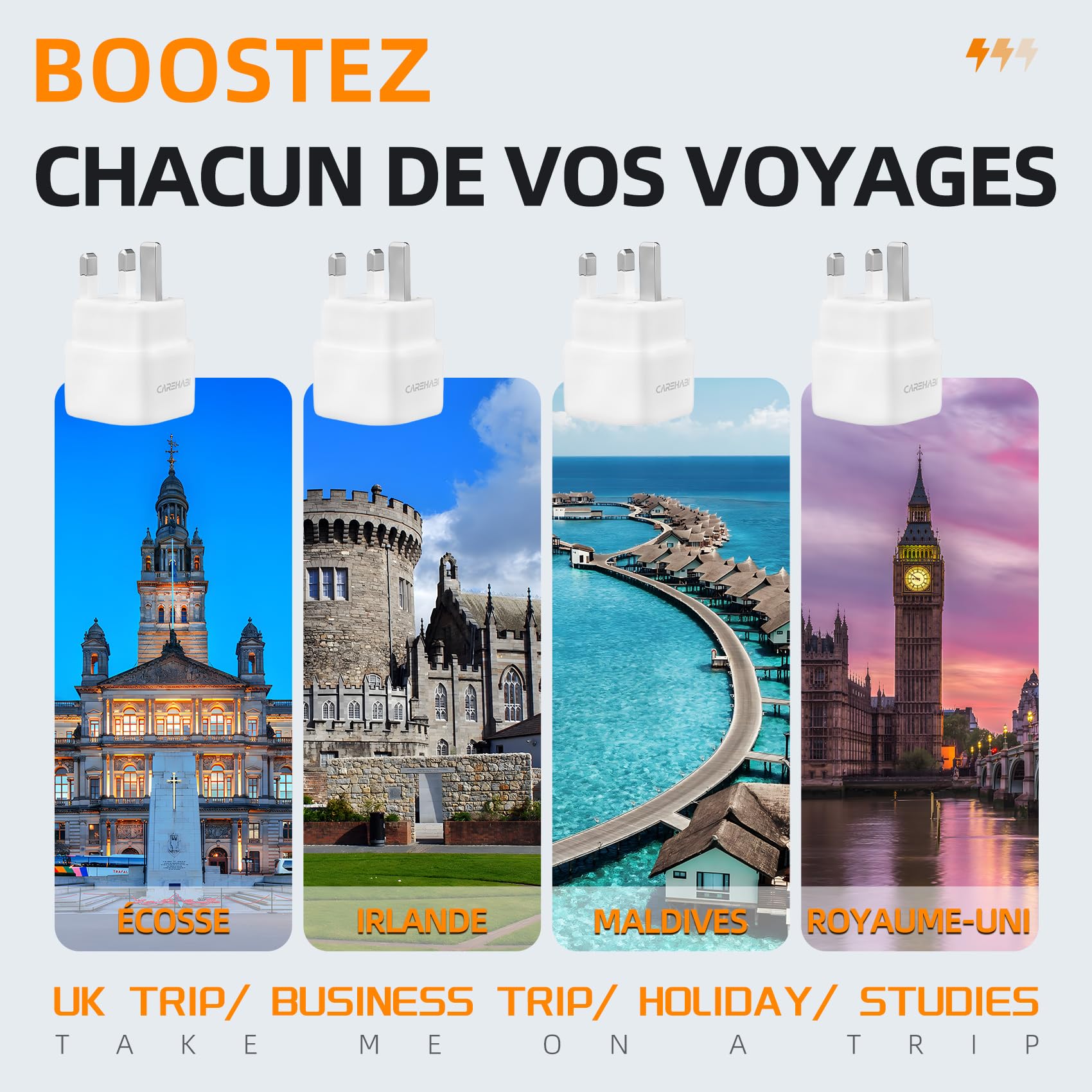 Lot de 2 Adaptateur Prise de Voyage Adaptateur Royaume-Uni France Prise, Adaptateur Type g, Adaptateur de Prise Angleterre pour UE vers Angleterre/Écosse/Irlande/Dubaï/Maldives