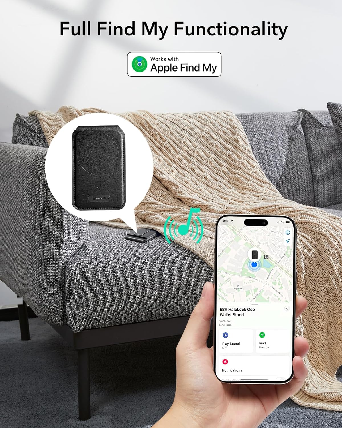 ESR Geo Magnetic Wallet with Apple Find My functionality, showing a phone displaying the wallet's location on a map and playing a sound.