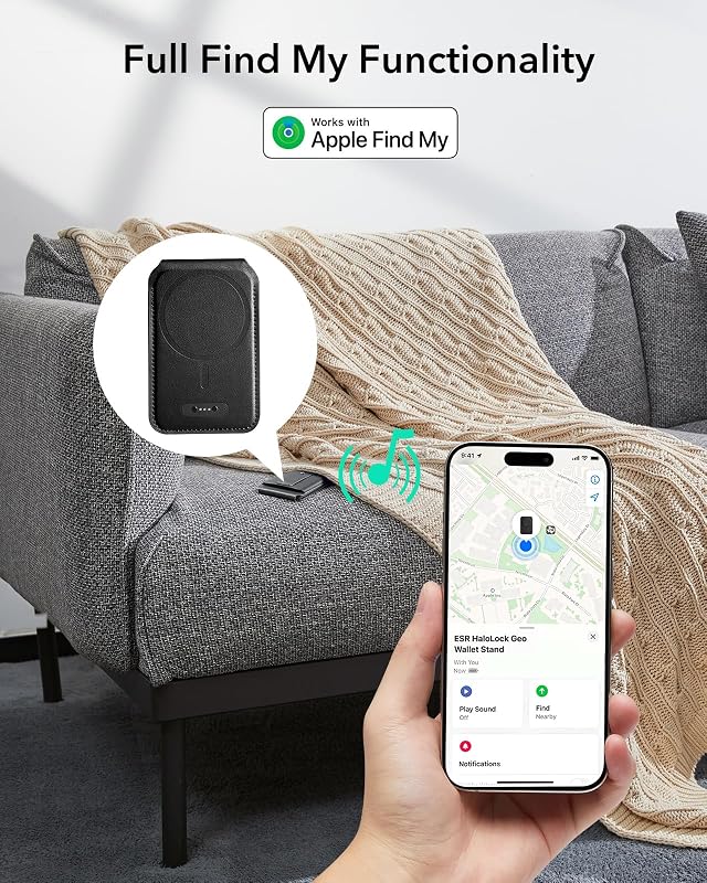 ESR MagSafe Pénztárca - Geo iPhone Kártyatartó Find My Funkcióval, Erős Mágnessel, Állvánnyal iPhone 16/15/14/13/12 Készülékekhez, Fekete