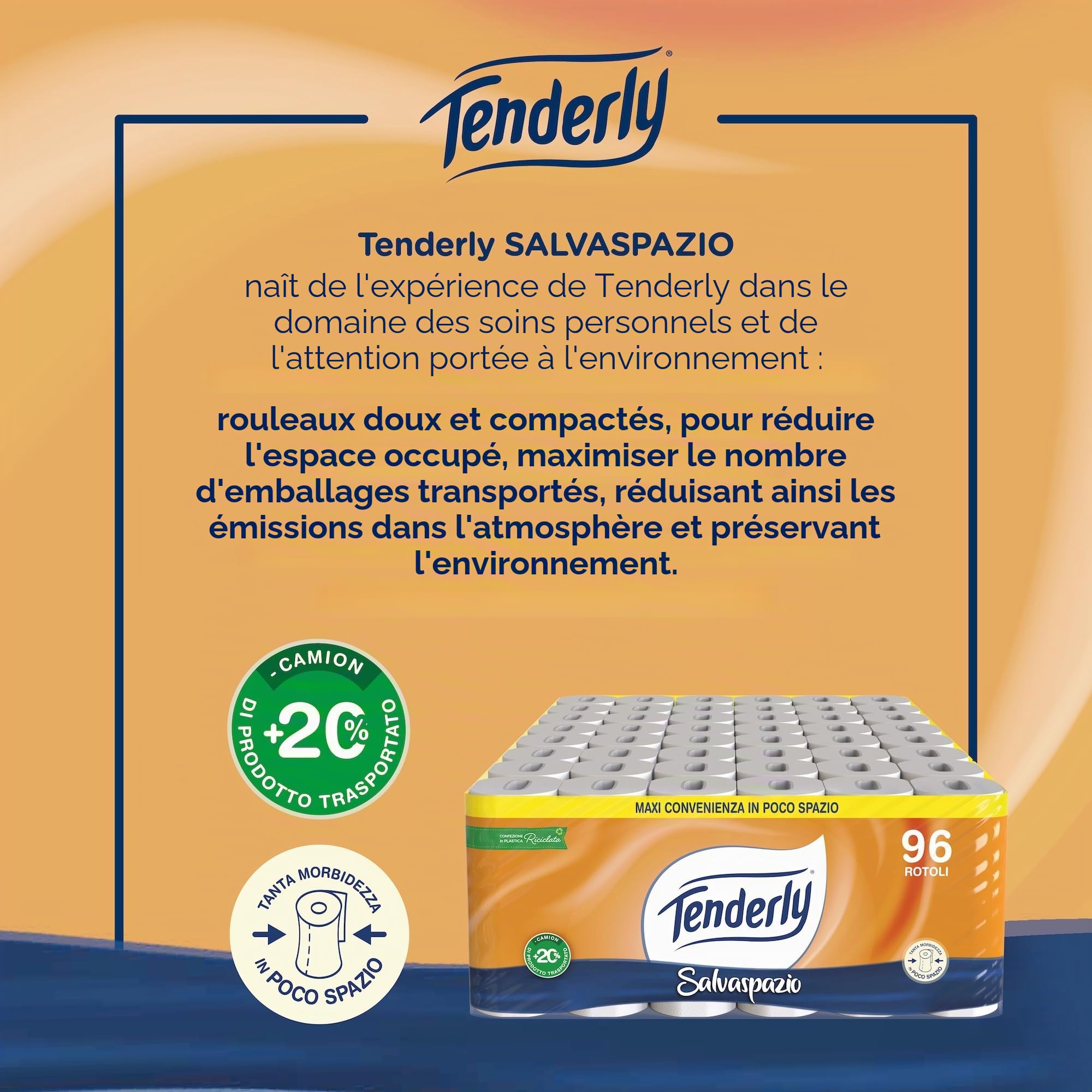 Tenderly Gain de place, 90 rouleaux de papier toilette, 2 voiles, 220 déchirures pour rouleau, avec extraits naturels de mauve et de calendula, fabriqué en Italie, testé dermatologiquement