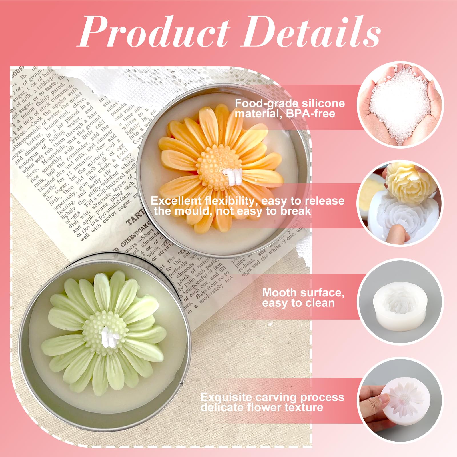 3 Stück Blumen Kerzenformen Silikon - Gänseblümchen, Pfingstrose & Kamelie Für DIY Kerzen & Seife