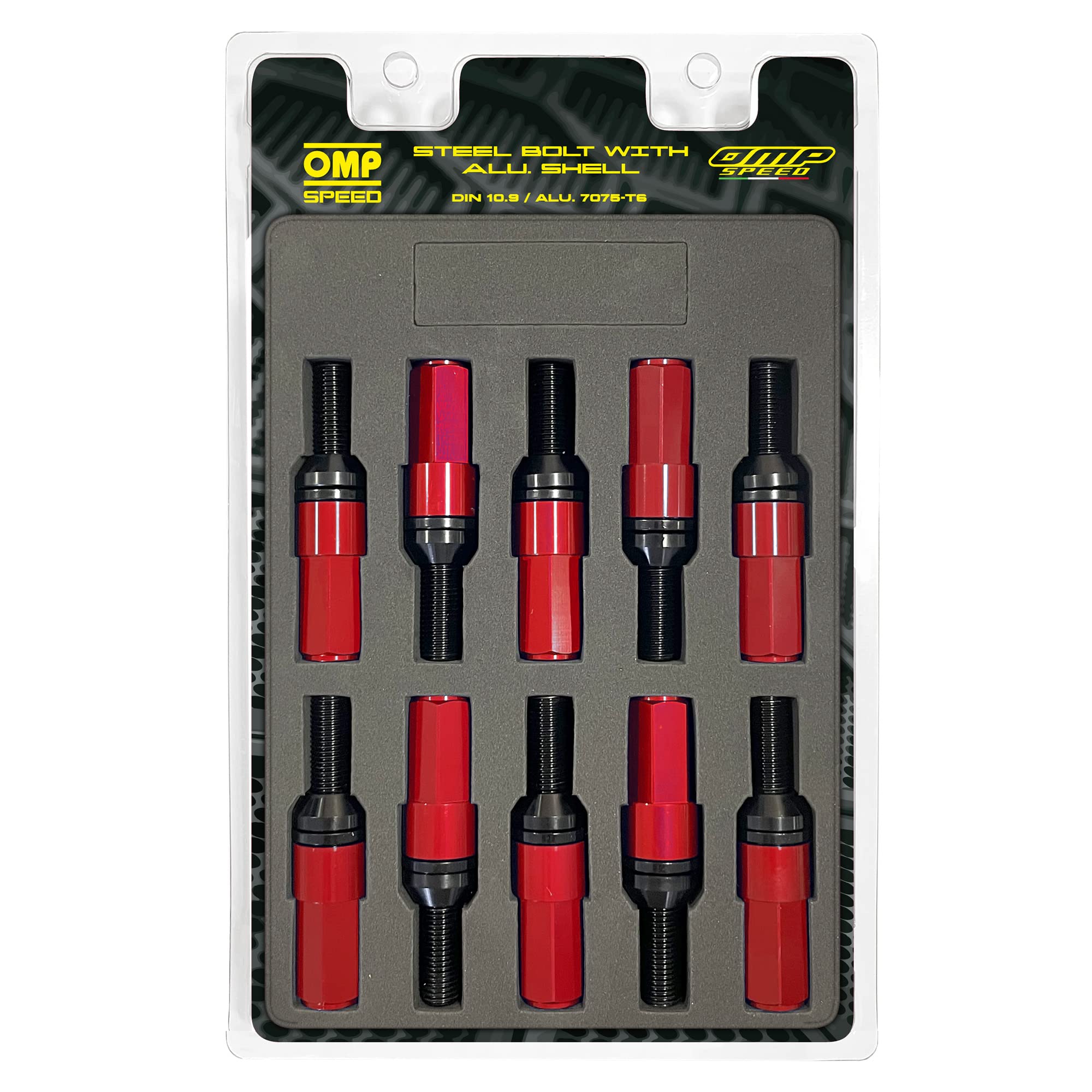 OMP SPEED Set 20 viti a ruota nere con metrica M14X1.25 chiave da 17-19 lunghezza filettata da 28 mm con protezione rossa in alluminio 7075 + DIN 12.9