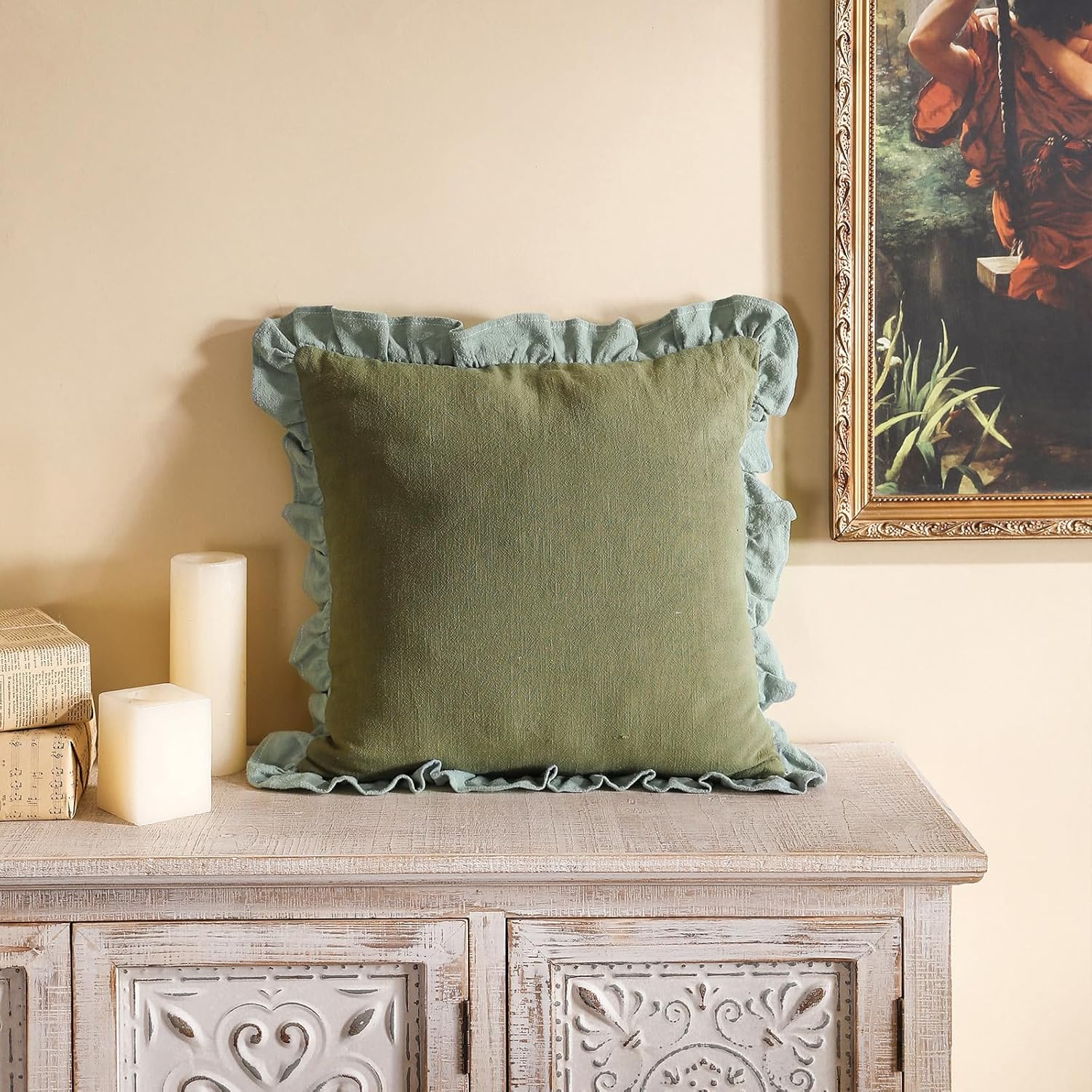 patdrea Green Shabby Chic Decorative Throw Pillow Covers 22x22 Set of 2,Farmhouse Linen Pillow Covers with Ruffles,Square Sturdy Throw Pillow Case for Couch Sofa Bed Living Room