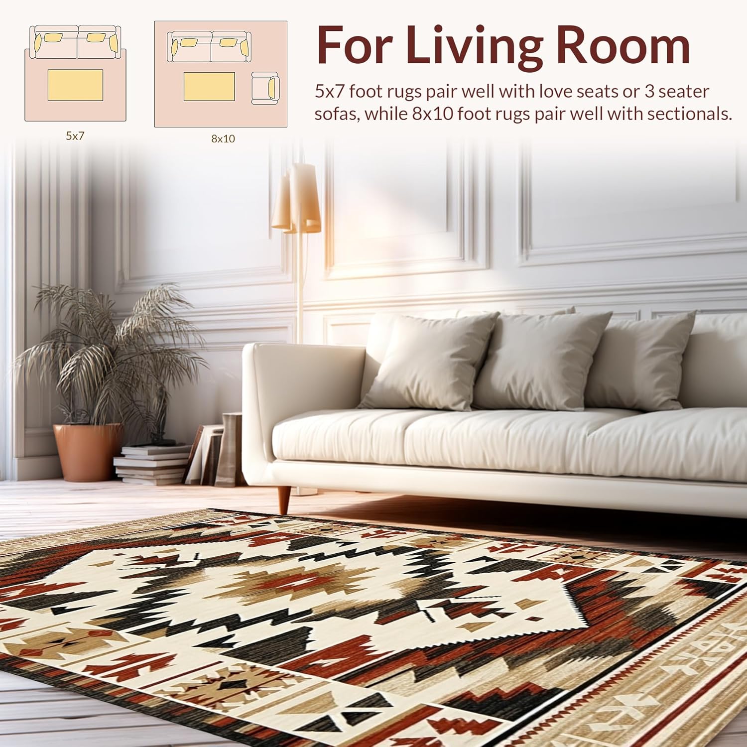 8 x 10 Machine Washable High Traffic Flatwoven Area Rug - Rustic Southwestern Aztec & Tribal Design, Non-Slip Low Pile Carpet for Living Room & Dining Room (Beige)