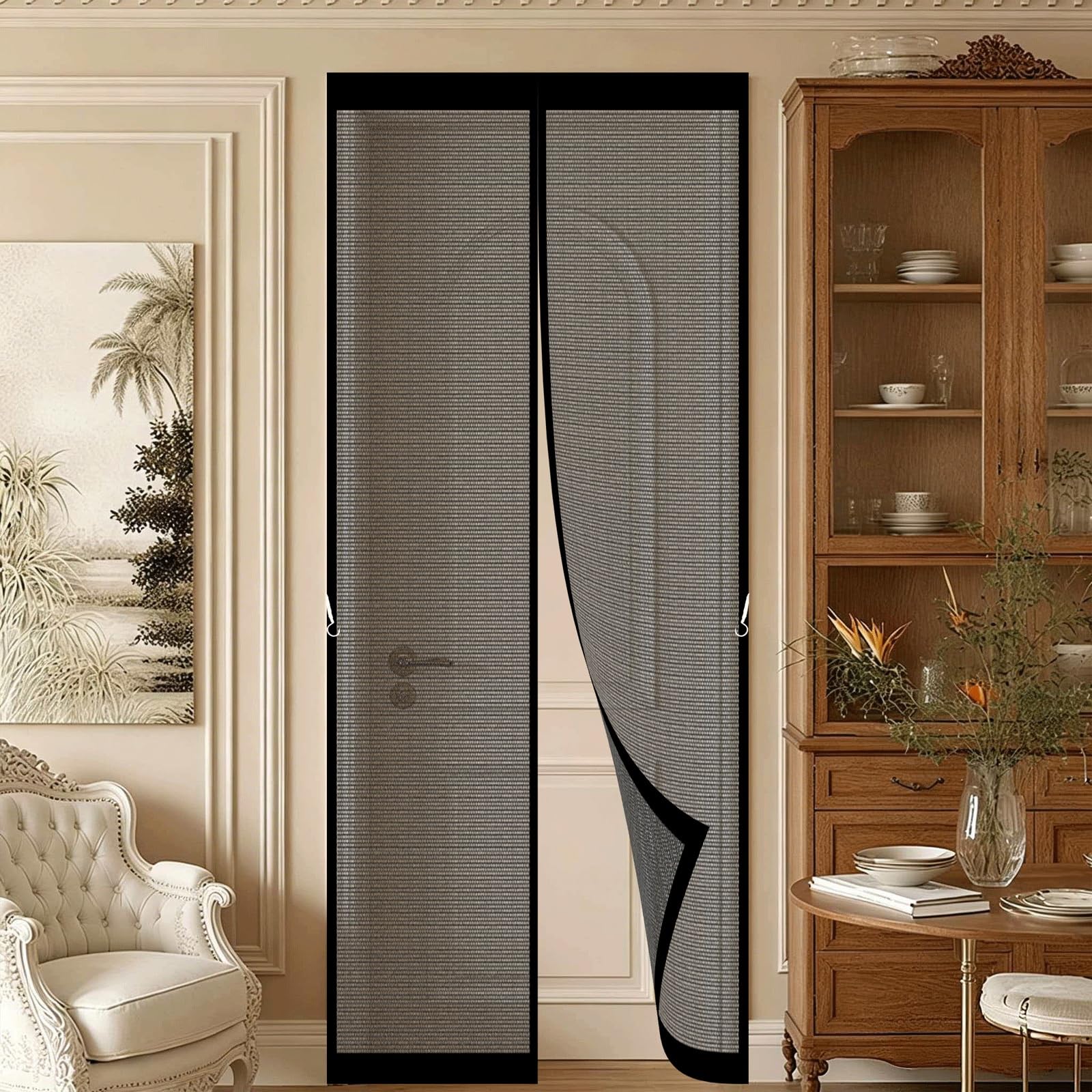 Magnetic Screen Door 132 x 234 cm with Stay Open Buckles Magnetic Top-to-Bottom Seal Snaps Shuts Door Curtain for Balcony, Patio, French, Sliding Doors, Black