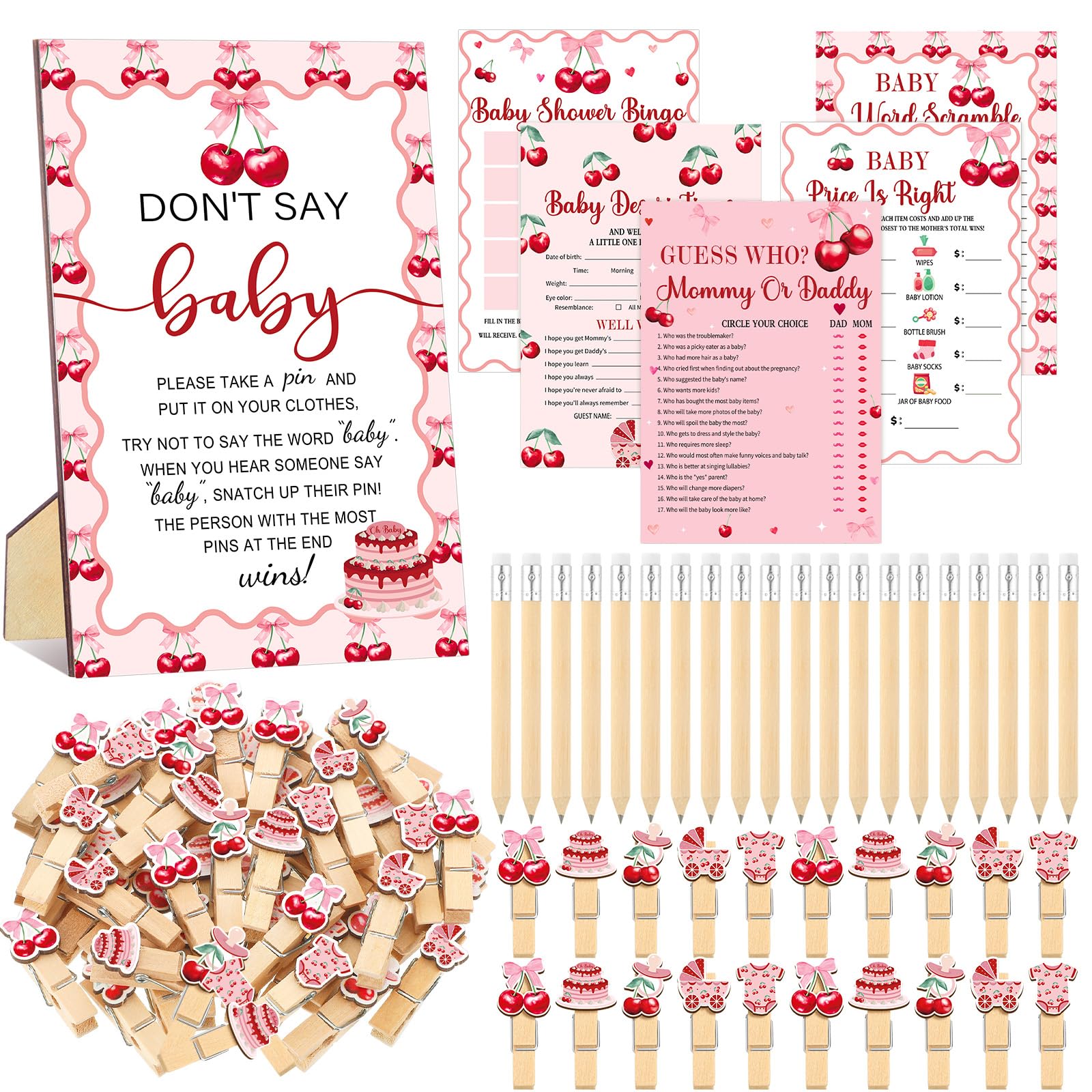 Patelai 321 Pcs Baby Shower Games Supplies, Cherry