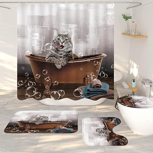 Guassi Divertidos juegos de cortinas de ducha de perro con alfombra, lindo animal para bañera con estampado de tigre con 12 ganchos, juego de