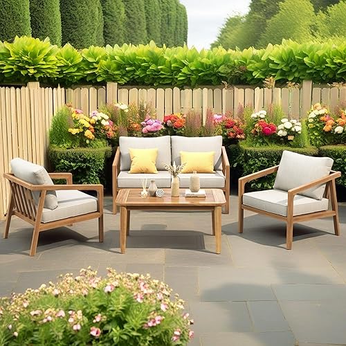 Christopher Knight Home Dena Patio 4-Piece Conversation Set, Outdoor 4-Seater Acacia Wood Sofa Chat Set,Garden Furniture,Loveseat,Coffee Table,Set of 2 Club Chairs, Removable Cushions, Teak+ Beige