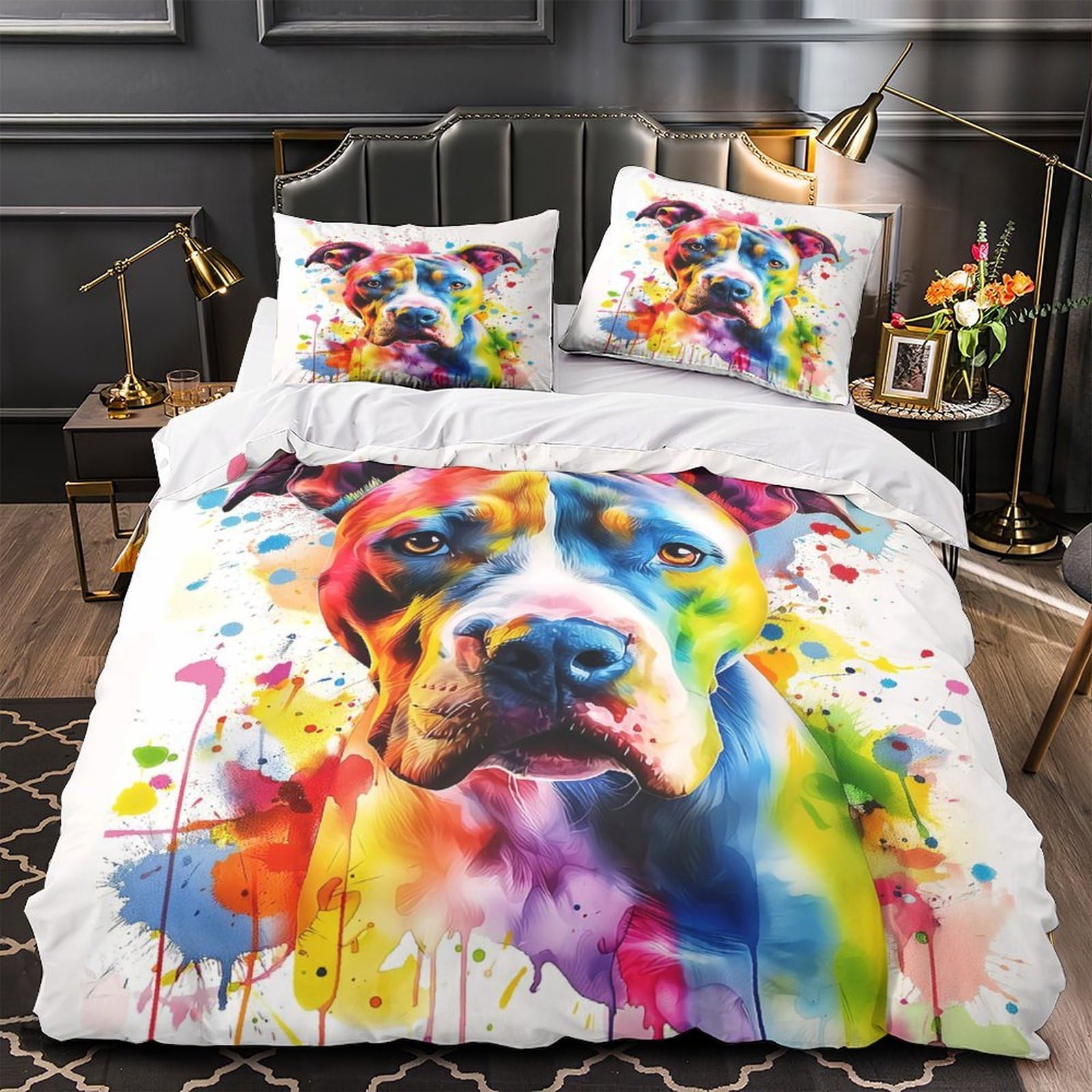 Colorful Hundeporträt 3-teiliges Reines Polyester Lebendige abstrakte Tierkunst Bettbezug, Versteckter Reißverschluss, Krippenbettwäsche, Babysicher & Pflegeleicht King（220x240cm）