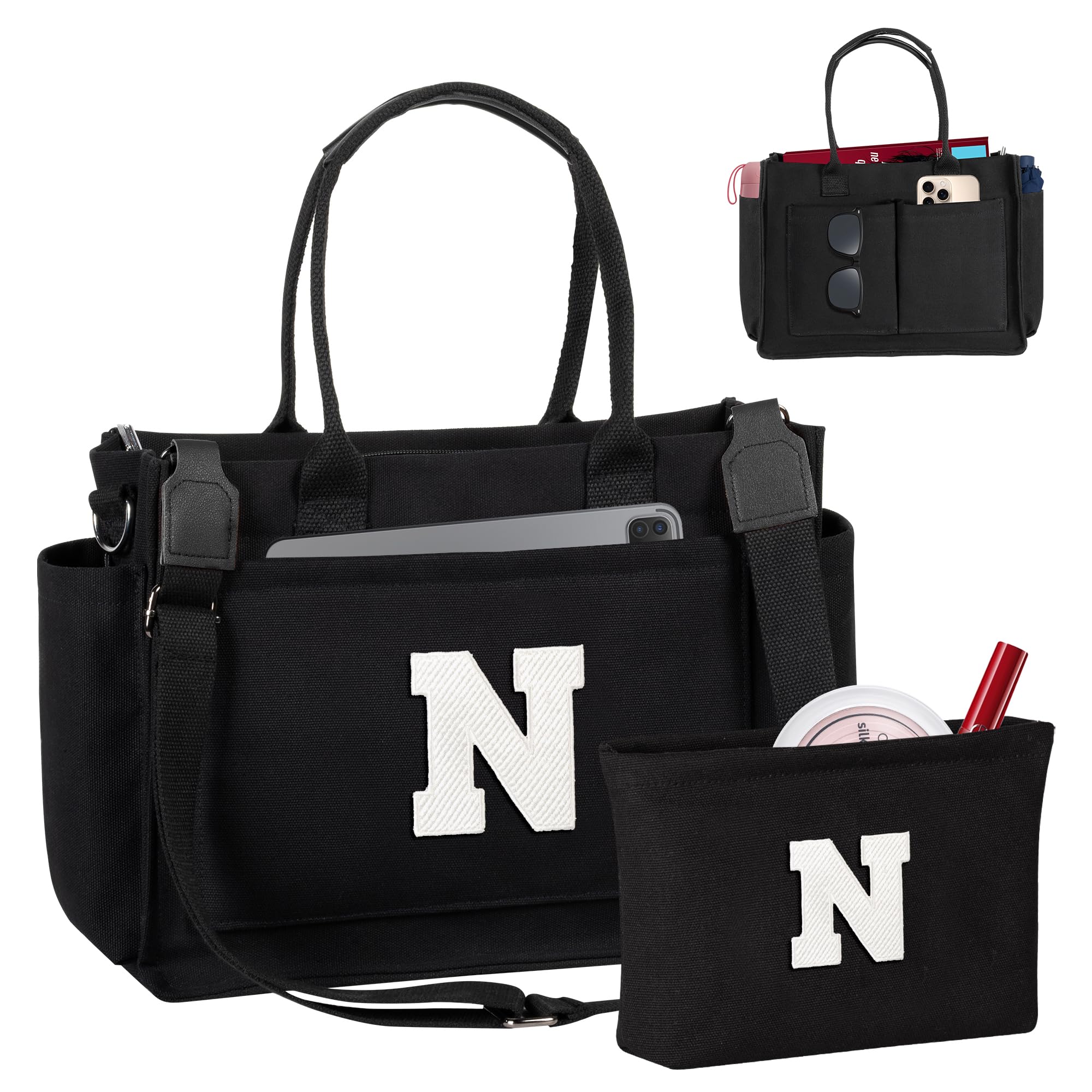 Freesya Valentines Day Gifts for Her, Initial Tote Bag with Makeup Bag, Teen Girl Gifts Trendy Stuff, Birthday Gift for Women