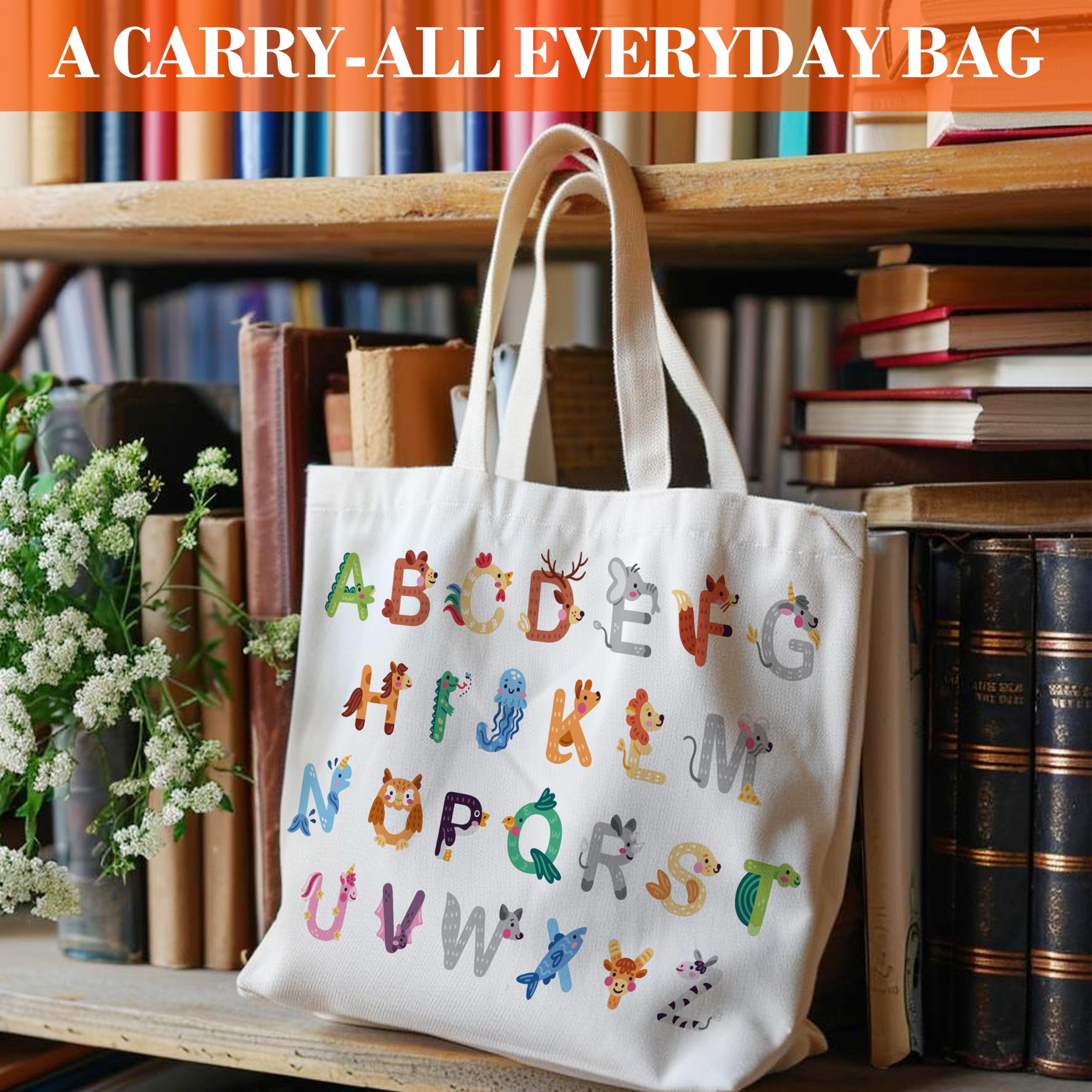 Animals Alphabets Canvas Tote Bag for Women, ABC Letters Learning Tote, Cute Animal Gift Bag, Library Book Bag, Teacher Tote Bags for Books, Shoulder Bag Gifts for Animal Lovers -12 - Image 3