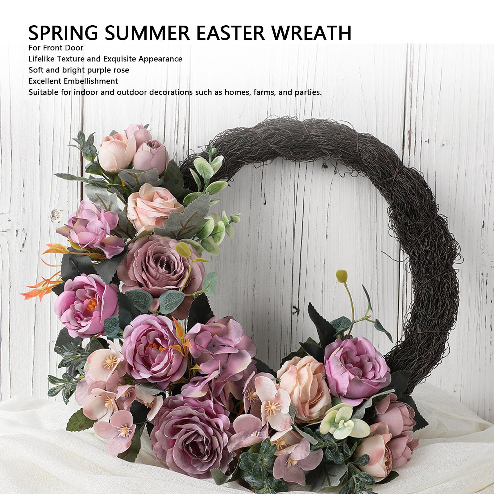 Ausla Spring Easter Wreath, Faux Silk Purple Rose Layered Design (Purple