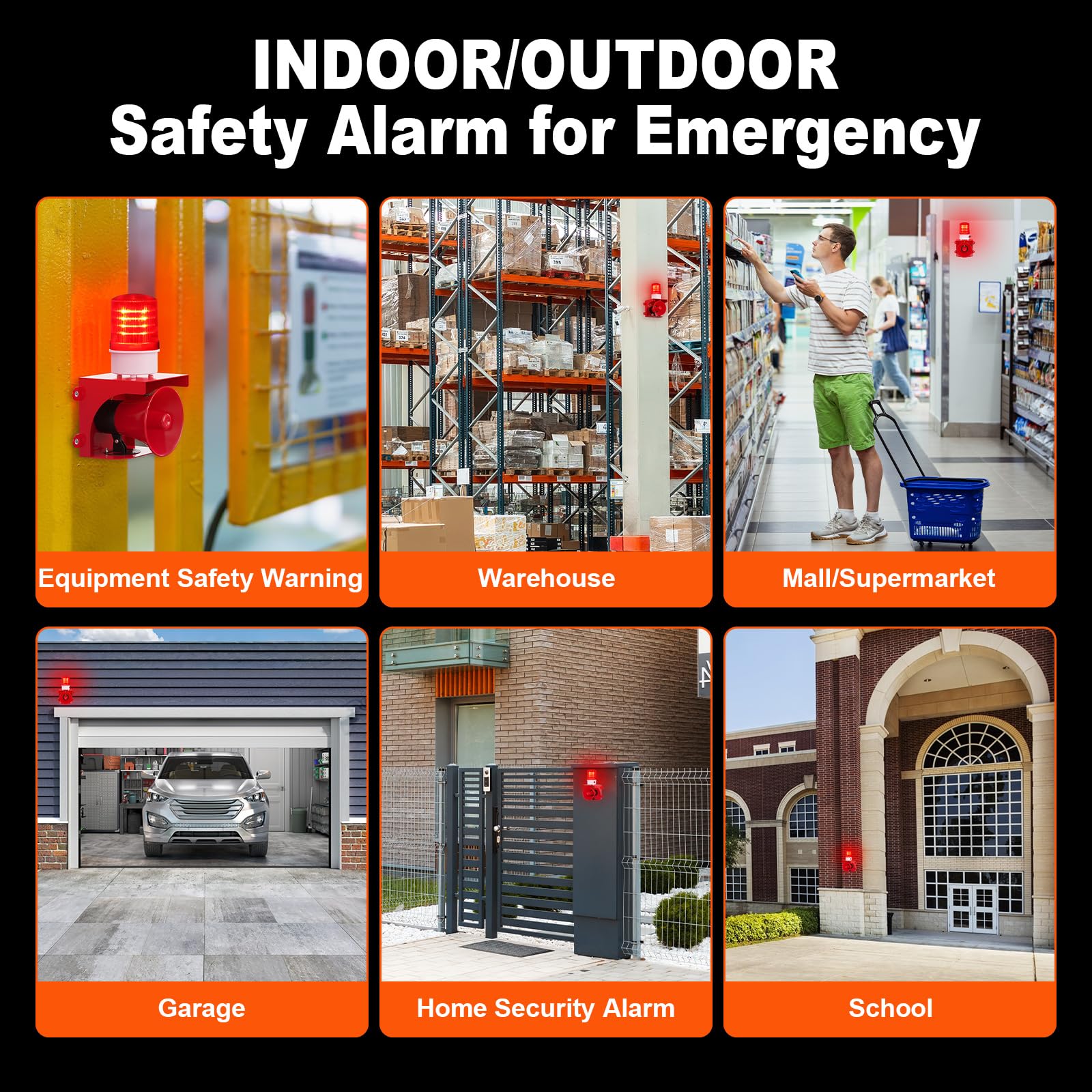 Sirena industrial de alarma de sonido y luz, 0-120dB ajustable, IP65 impermeable, rango de advertencia de 100-150 metros para fábrica/almacén/escuela/oficina, sirena de seguridad de emergencia, alarma
