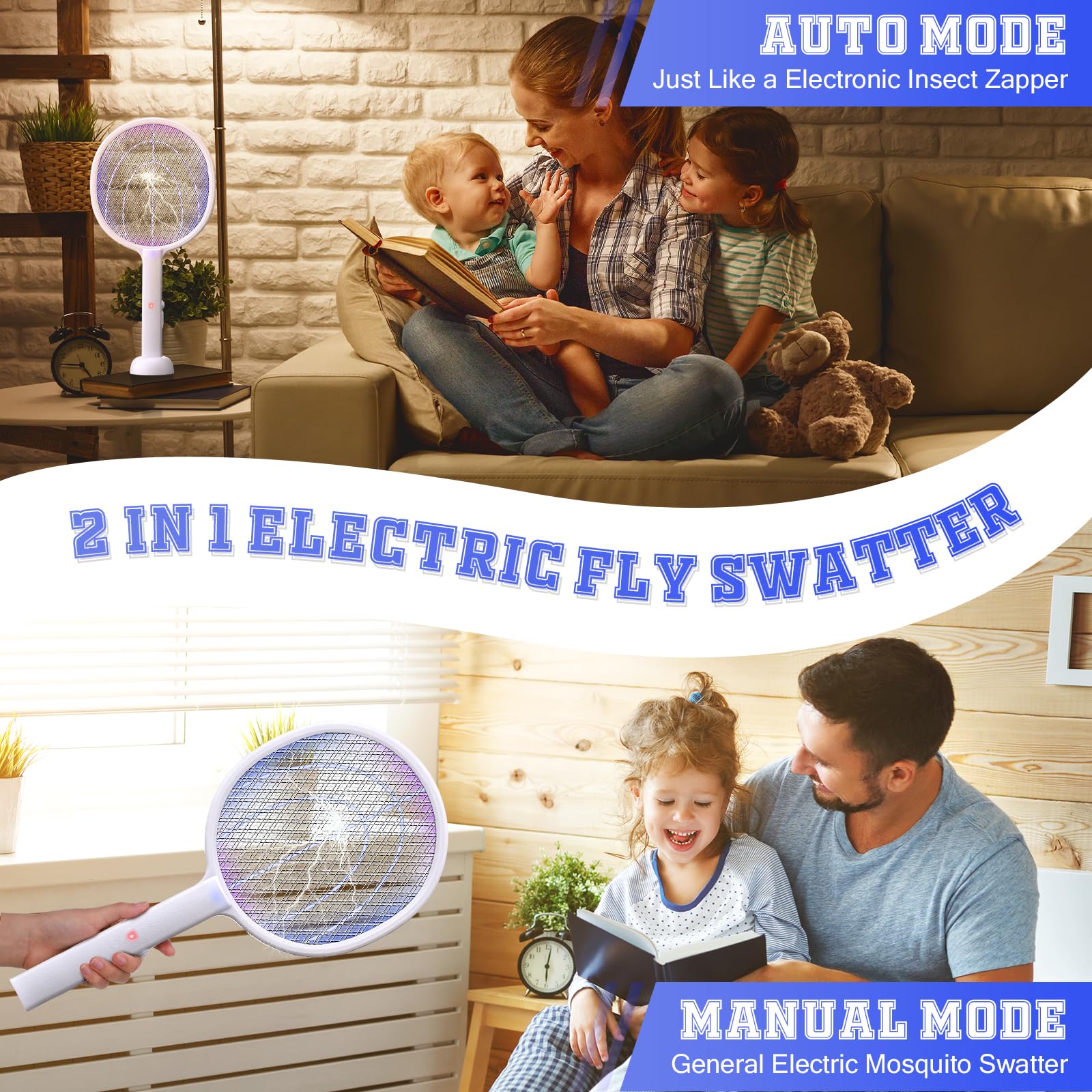 Qualirey Elektrische Fliegenklatsche 3000 V Insektenvernichter Schläger 2-in-1 Moskito-Killer für den Innenbereich, mit 3-lagigem Sicherheitsnetz, USB-wiederaufladbarer Boden mit 400 mAh Akku für