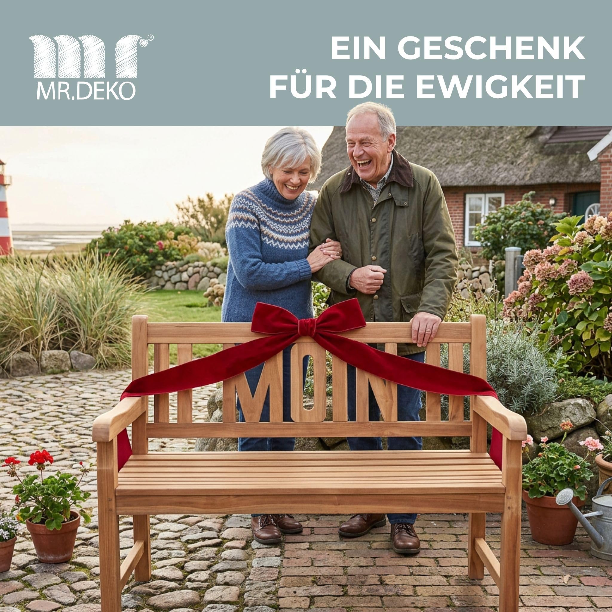 MR. DEKO Gartenbank wetterfest Sitzbank Outdoor Teak Balkon Bank Motiv Moin | Holz 2-Sitzer 120x60x94cm
