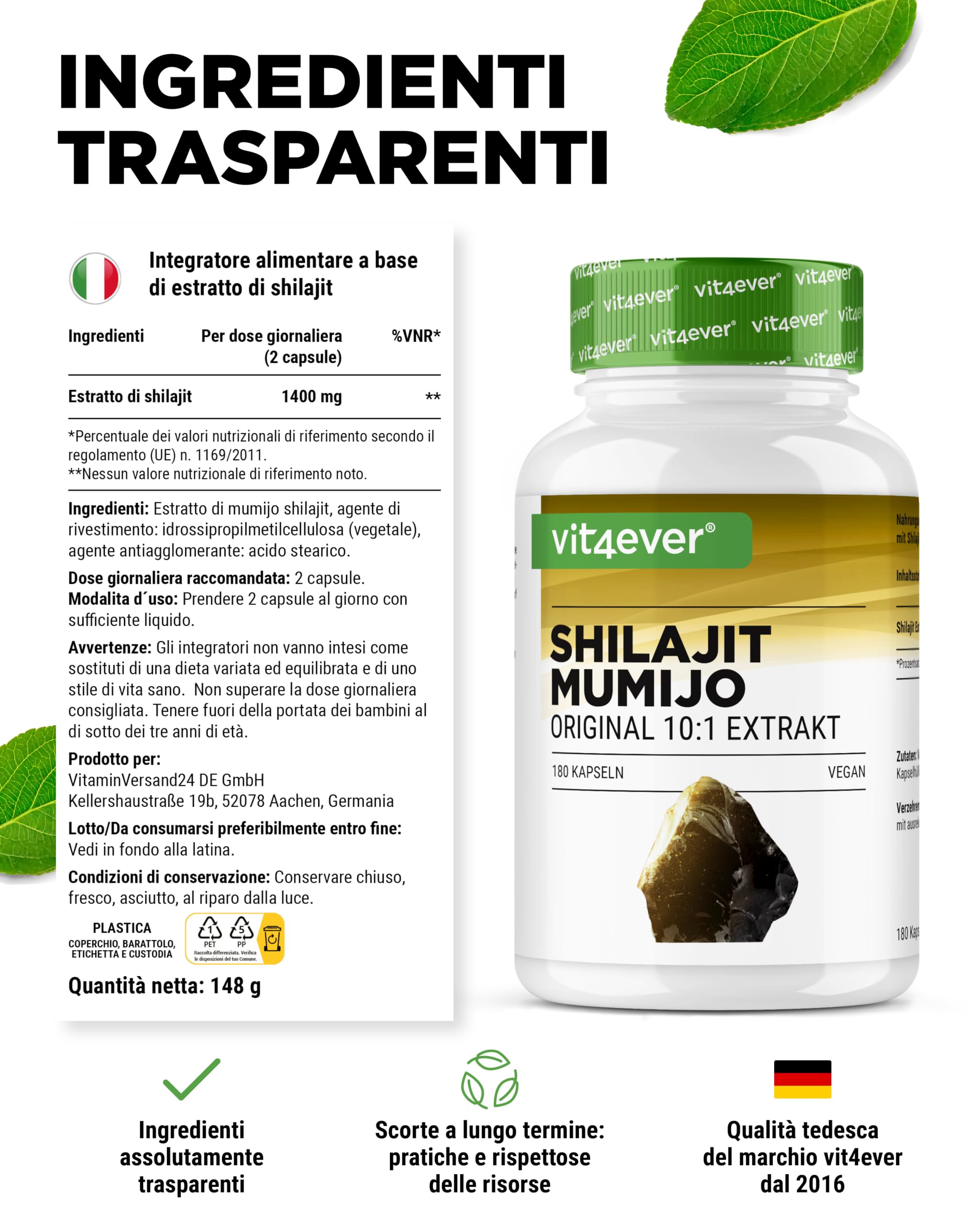 vit4ever Capsule di Shilajit ad Alto Dosaggio - 180 Capsule Vegane - 1400 mg di Estratto di Mumijo 10:1 per Dose Giornaliera - Shilajit Originale dall’Himalaya - Senza Additivi Inutili